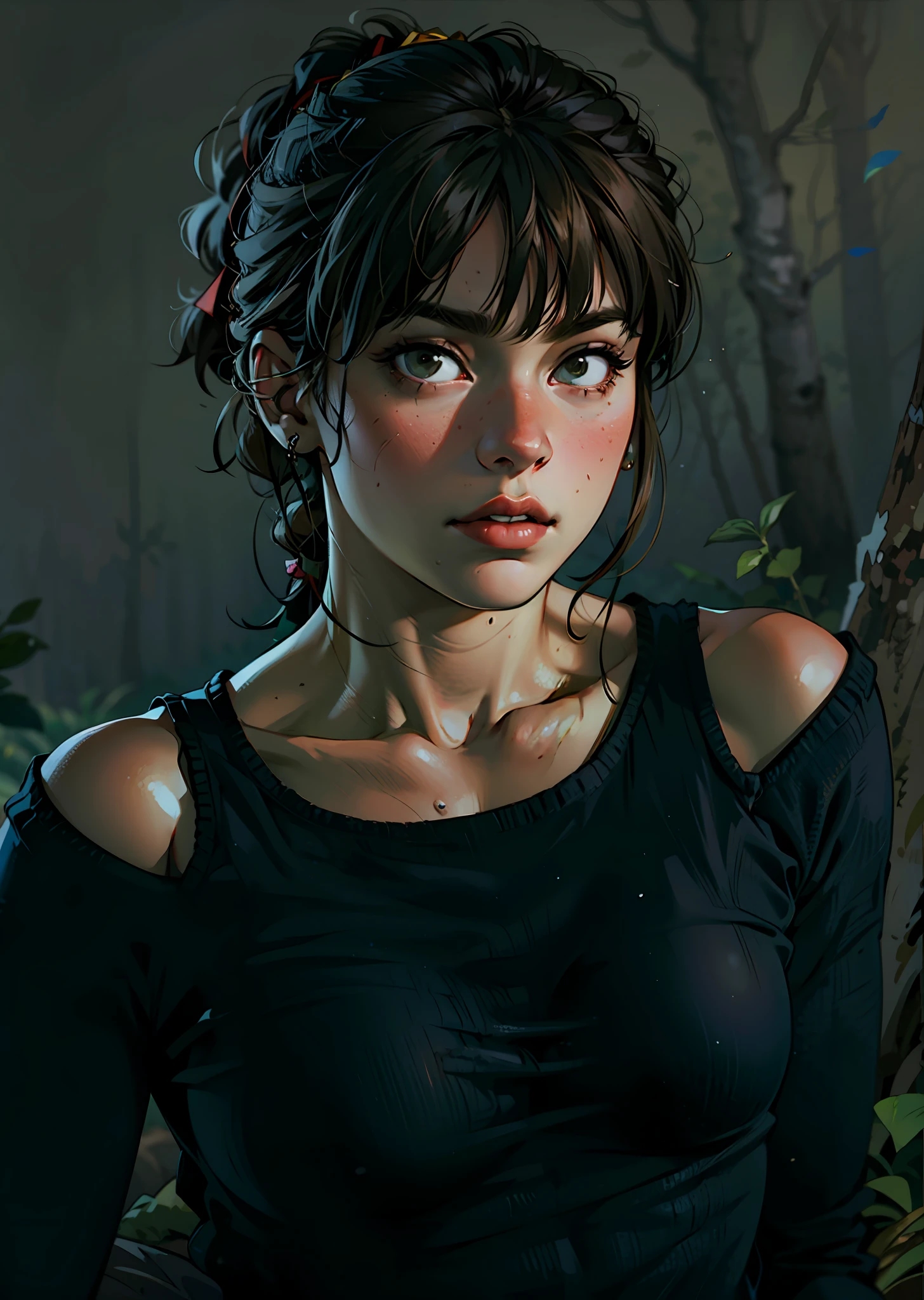 a hyper-realistic portrait of a young woman, under a tree, inside a forest, in the middle of nature, 22 years old, realistic, (lying on her side), sexy, (huge breasts 2:1), short brown hair, (hair tied with bows), curved, SFW