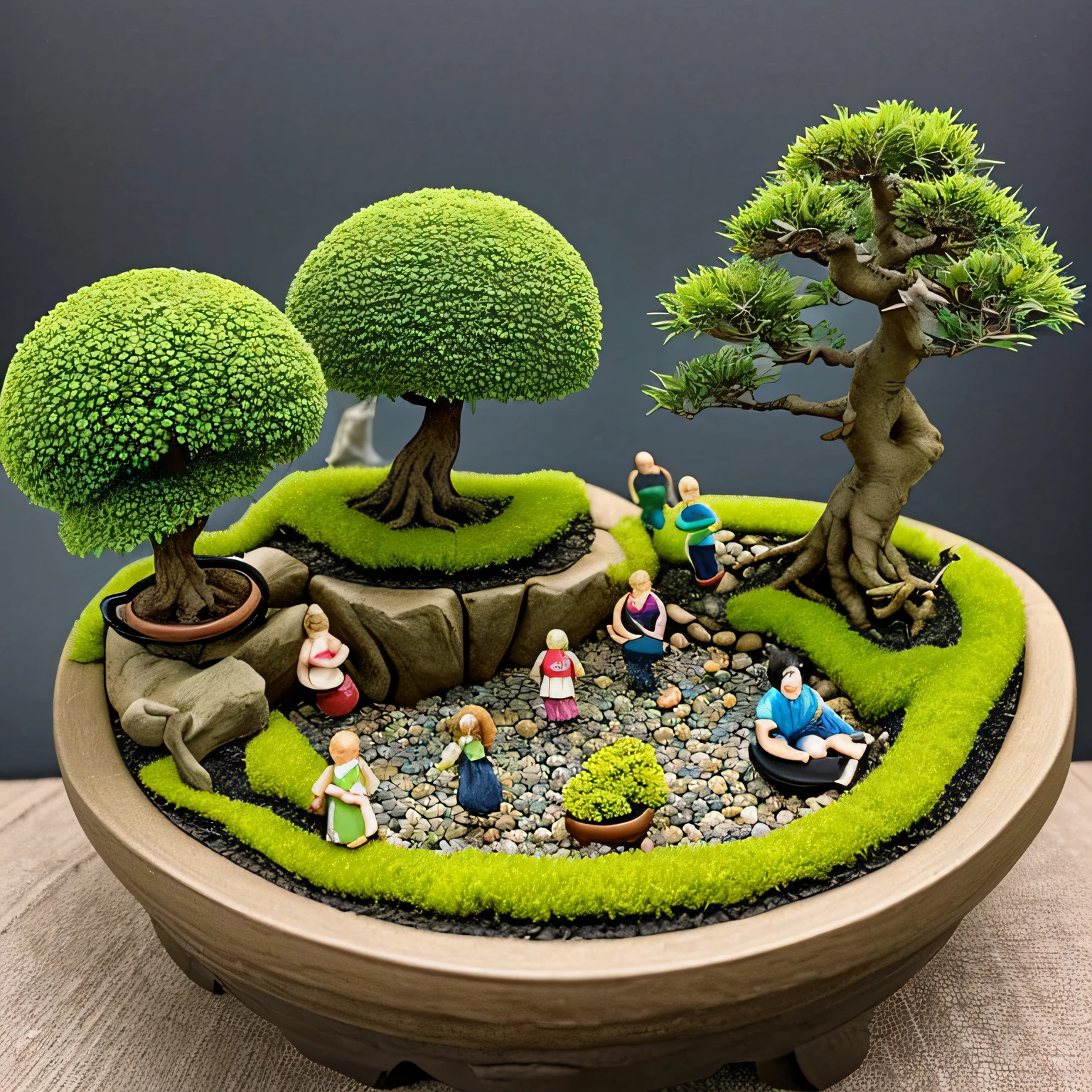 Miniature bonsai landscape with dolls above --auto
