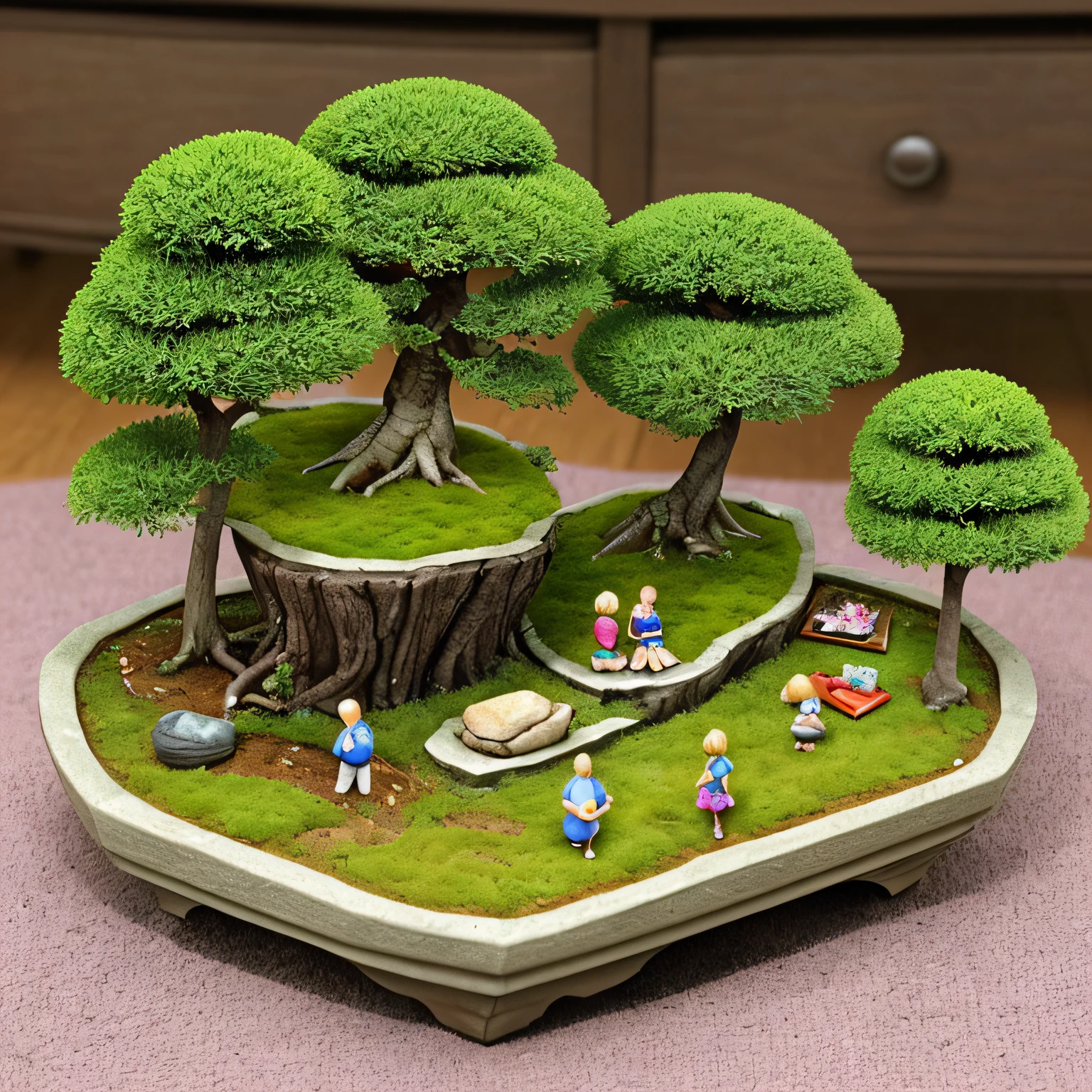 Miniature bonsai landscape with dolls above --auto