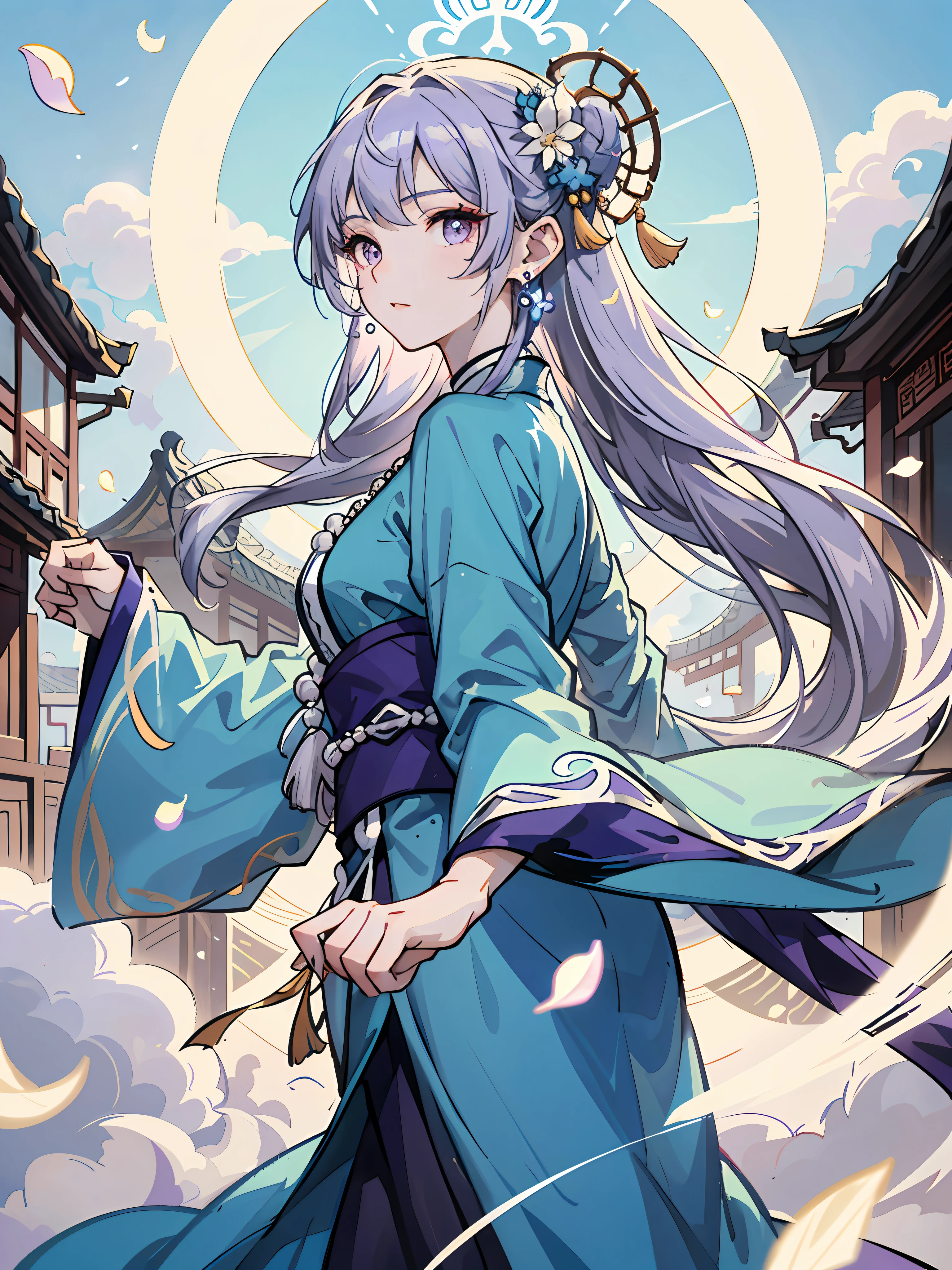 Mature Girl ,Purple eye,Blue-white hair color,Floating hair,Delicate and agile eyes,Intricate damask hanfu,Gorgeous accessories,Wearing pearl earrings,fov,f/1.8,MasterPiece,Transparent screen,Chinese ancient architecture,blue sky with white clouds,Petals flying,Frontal portrait shot,Chang'e,Side lighting,The sun shines on people,8K,Maximum Clarity and Clarity、Many-Layer Textures、Albedo and Specular map、