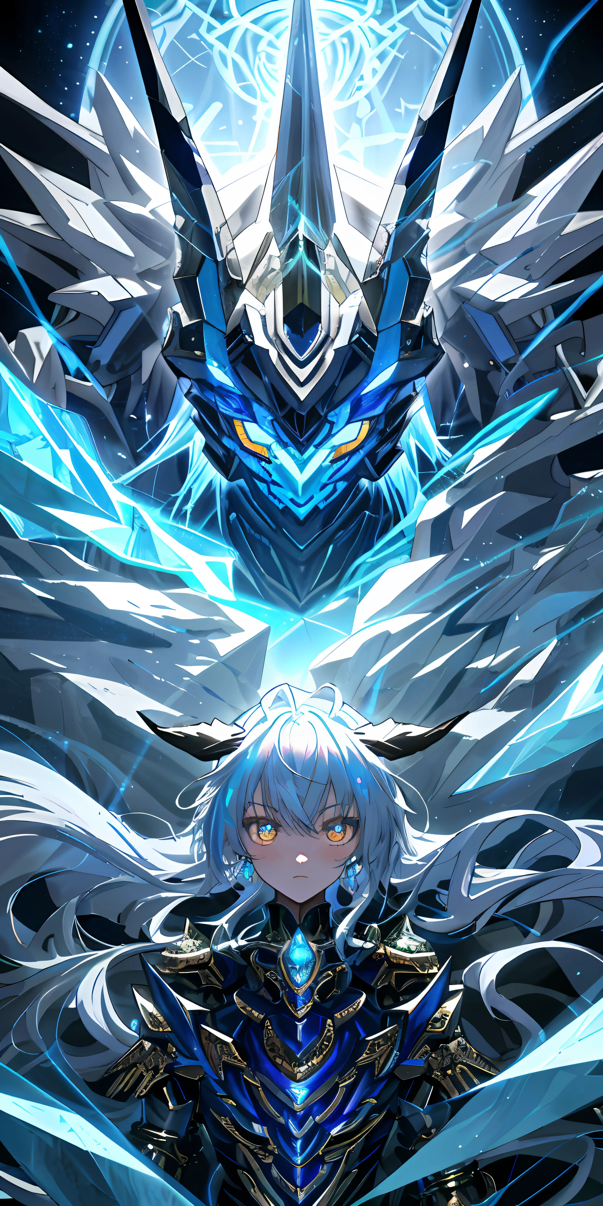 Anime beutiful ice skin golem cat girl magic, aesthetic_eyes, detailed eyes, demon horn, facemask, wings, glowing, random fantasy hair, multicolored hair, body detailed, Saenyo Ancalagon Anthropomorphic majestic robot, finely detailed Obsidian and ice armor, cinematic lighting, intricate filigree metal design, highly detailed, fantasy background, blush, cat_ears_earrings hair_ornament highres jewelry triple_earring, detailed all, solo, electrification, lightning effect, ray tracing, detailed all, 4K Ultra HD.