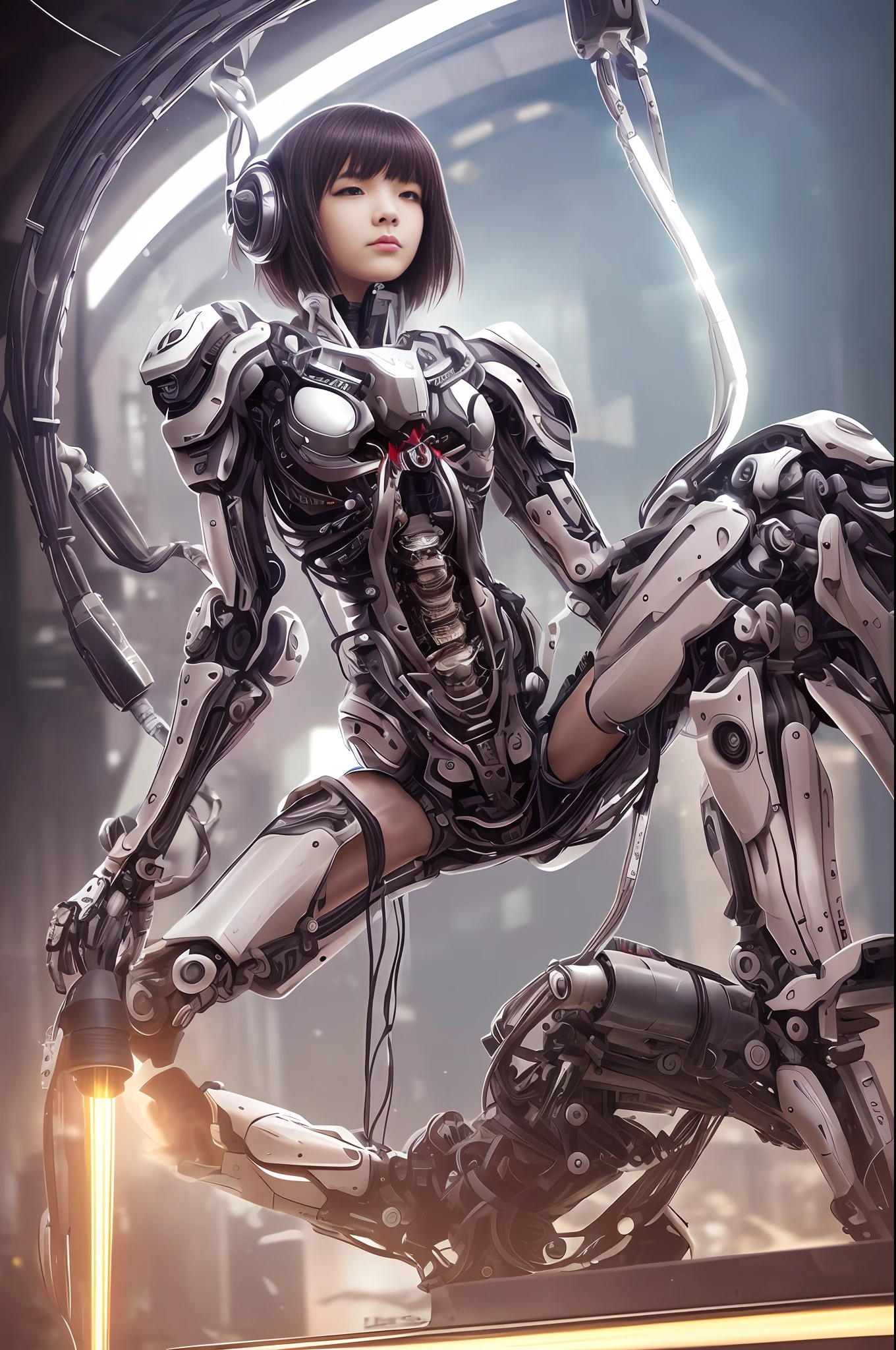 best best quality,Refined face,25岁少女,Slim body,A body made of metal,Smaller bust,Metallic structural skeleton,haibian,Stand up,Beach,There are huge spaceships floating in the air,The cyberpunk,Sci-fi(((MasterPiece)))), (((maximum quality)))), ((super clarity)), (Very Detailed Photoreality), ((Very refined and beautiful)), (Delicate and beautiful face), cinematic light, ((((1 girl)), solo, FULLBODY,The sulcus is visible on the skin, White Hair, Purple eye, Luminous Eyes, Bare skin on the thighs, (Mechanical joints: 1.4), (Mechanical Limbs)), (The blood vessels are connected to the tube), (((The mechanical vertebrae are attached to the back)), ((cervical vertebrae of the machine)attached to the neck)), (sitting)),Poker face,(wire and cable attached to head and body:1.5),(character focus),Small LED light on the body,ghost in the shell,sci fi,metalic,Metal body,Details neon,hydraulic cylinder --auto