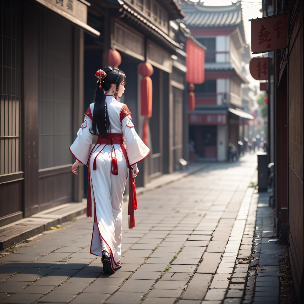 photorealestic，Chinese Hanfu woman，Walk forward and suddenly turn back，FULLBODY