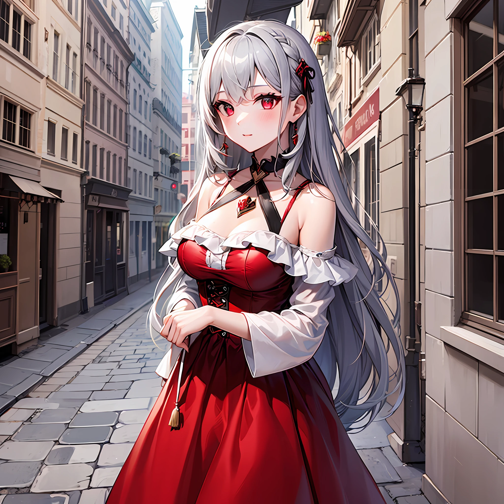 One girl with gray hair、vampire、Red Eyes、month、red dress、off shoulders