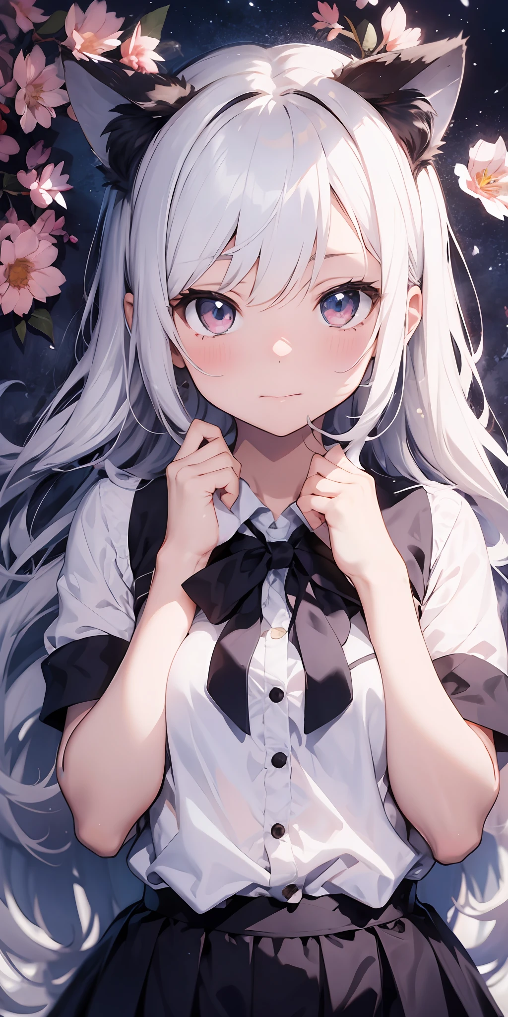 Anime girl with white hair and cat ears, ruby eyes, shy blush, school uniform, high contrast, soft light