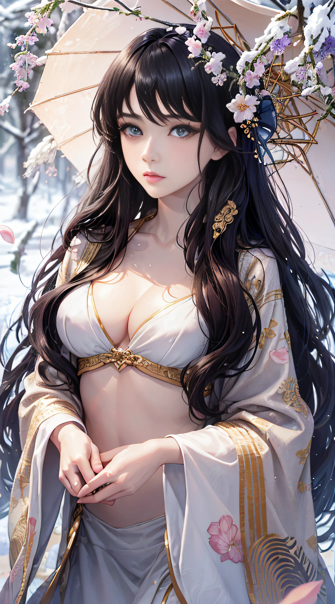 There is a woman in red dress holding a white umbrella, traditional Chinese white umbrella, wild snow scene, girl in Hanfu, ）Hanfu, Chinese girl, chinese woman, Chinese style, white Hanfu, red shawl, snowing, distant scene one A peach blossom tree, full of peach blossoms, a few villages of peach blossoms stretching down from the close-up view, a lot of peach petals floating in the air, heavy snow with goose feathers, 2 colorful butterflies flying, traditional Chinese clothes, cover photo Du&#39;s portrait Juan, portrait photo, China Princess, wearing red cheongsam, inspired by Tang Yifen, black haired goddess, beautiful brunette girl, oriental girl, master works, Best Picture Quality, higher quality, High Details, Ultra-great resolution, 8k resolution, depth offield、, Cinematography, with their intricate details, Elaborate, meticulously detailed, Magnificent, Maximum detail, Ultimate Beauty, (((1个gal girl, solo))), 18age, Long hair, Black hair, White skin, Realistic, Masterpiece, (Best Picture Quality), higher quality, High Details, Ultra-great resolution, panoramas, Exquisite Facial Features, perfect face, Glowing Skin, dreamy background, women, girls, angelic, mini girls, godess, poets, Shying，, Surprise, shoulder-length hair, black color hair, sharp and clear focus, three-dimensional silhouette, correct proportion, realistic portraits, Face Close-Up, a very temperamental beautiful girl, slender figure, Exquisite Facial Features, with long flowing hair, Black hair, extremely detailed hair description, (Collarbone，), perfect face, clean and flawless face, long lashes, light pink eye shadow, shallow dimples, blush, watery big eyes crystal clear, delicate cream Glowing skin like skin, detailed skin details, CFG scale: 8,(One Beautiful Girl，with a large breasts，There is a wisteria flower in the hair),(She wears a white bikini，The lips are slightly apart),(When she was surrounded by Alraune plants，Her navel is visible), dreamlike ambiance，Bright colors and soft lighting, red tinted hair, yellow detailed eyes