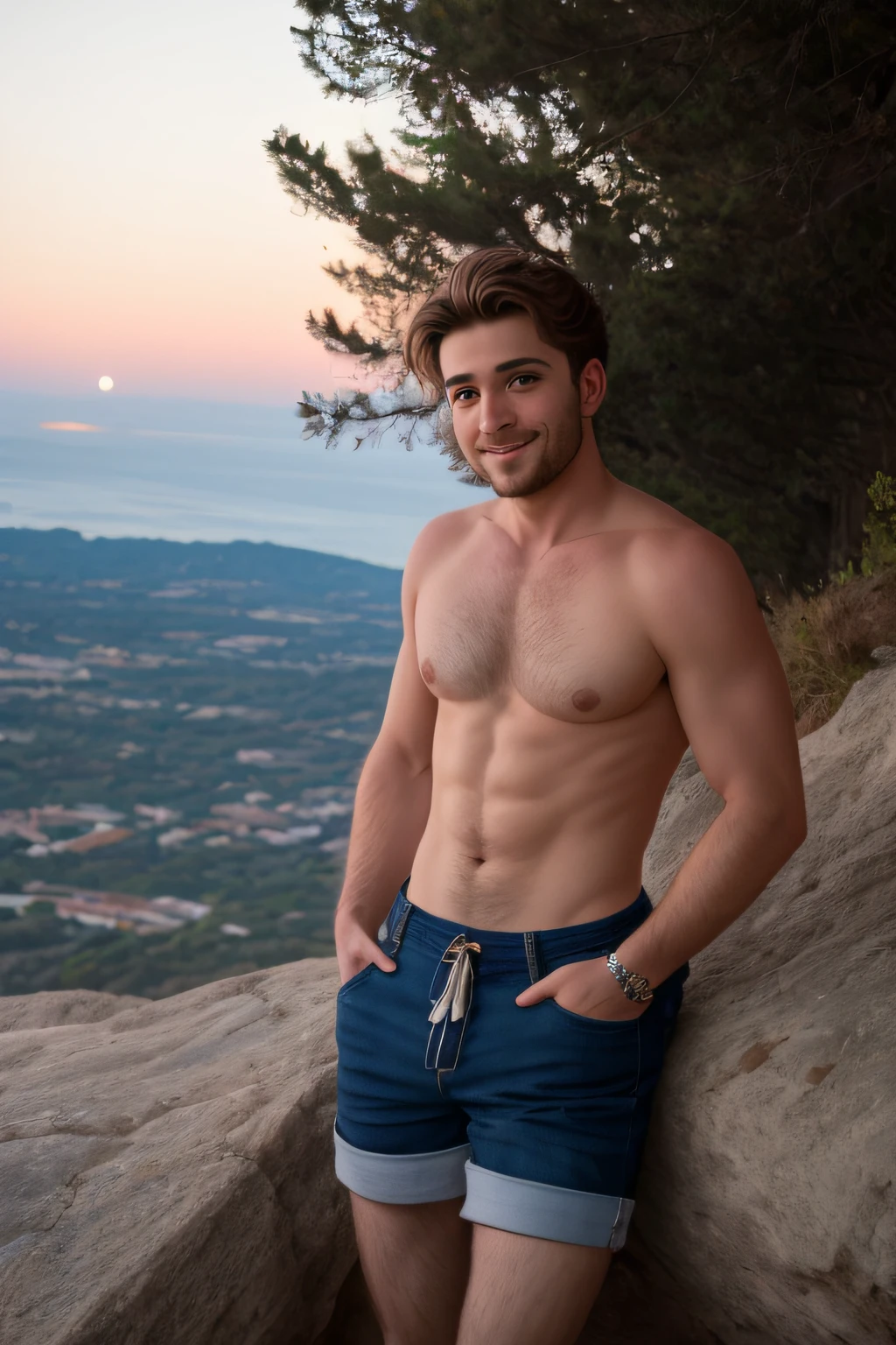 obra de arte. retrato de Brent de 25 years. guapo con pelo largo rubio oscuro. vestido con pantalones cortos y topless. de noche con luna llena.de pie en una roca sobre unas bonitas vistas. fotorealista, hiperdetallado,high quality,8k