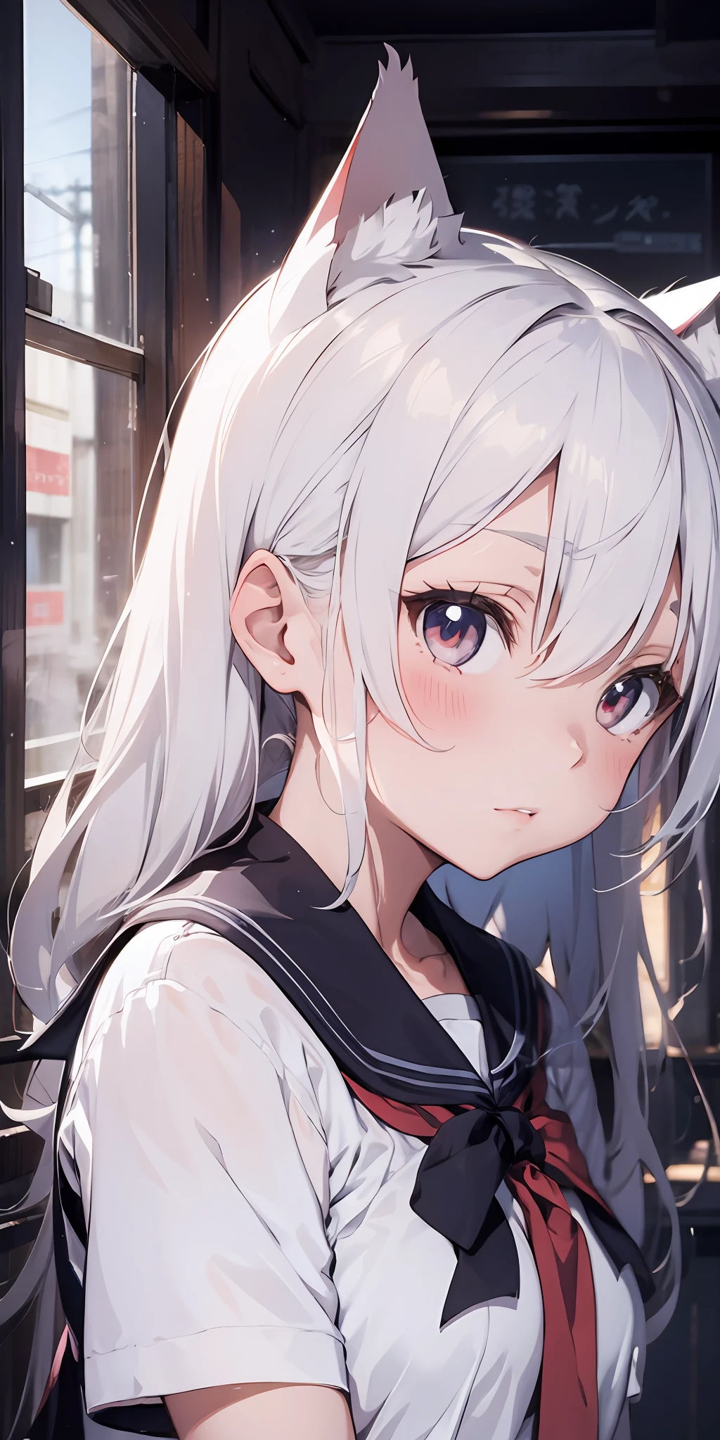 Anime girl with white hair and cat ears, ruby eyes, shy blush, school uniform, high contrast, soft light