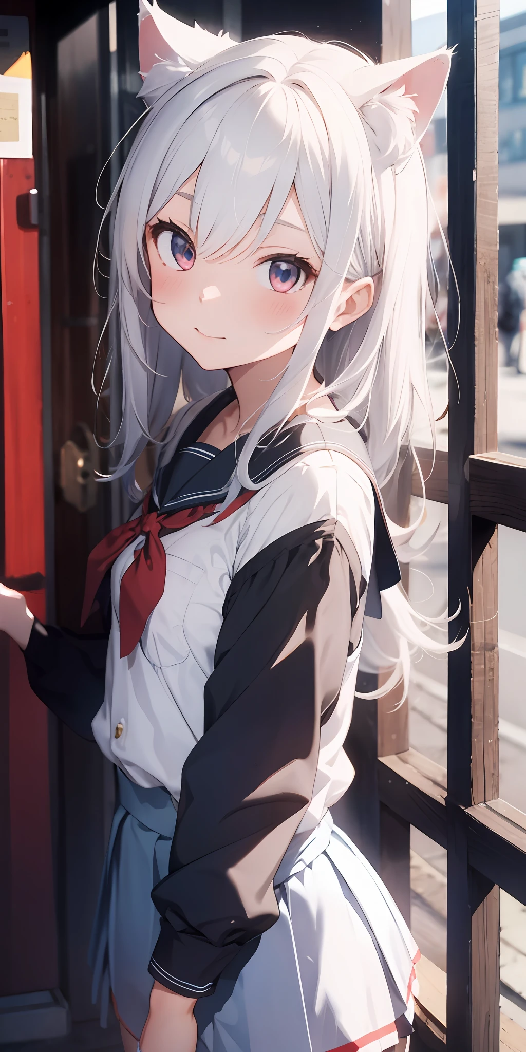 Anime girl with white hair and cat ears, ruby eyes, shy blush, school uniform, high contrast, soft light, master piece, extraordinary nice