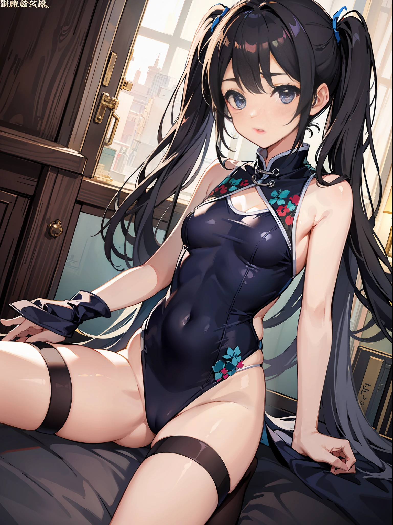slender beautiful girl、1person、small breasts、cheongsam swimwear、HIGH DEFINITION、The Highest Quality、Super Detail、Fine details、Does not blush cheeks、kneehighs、Twin tail