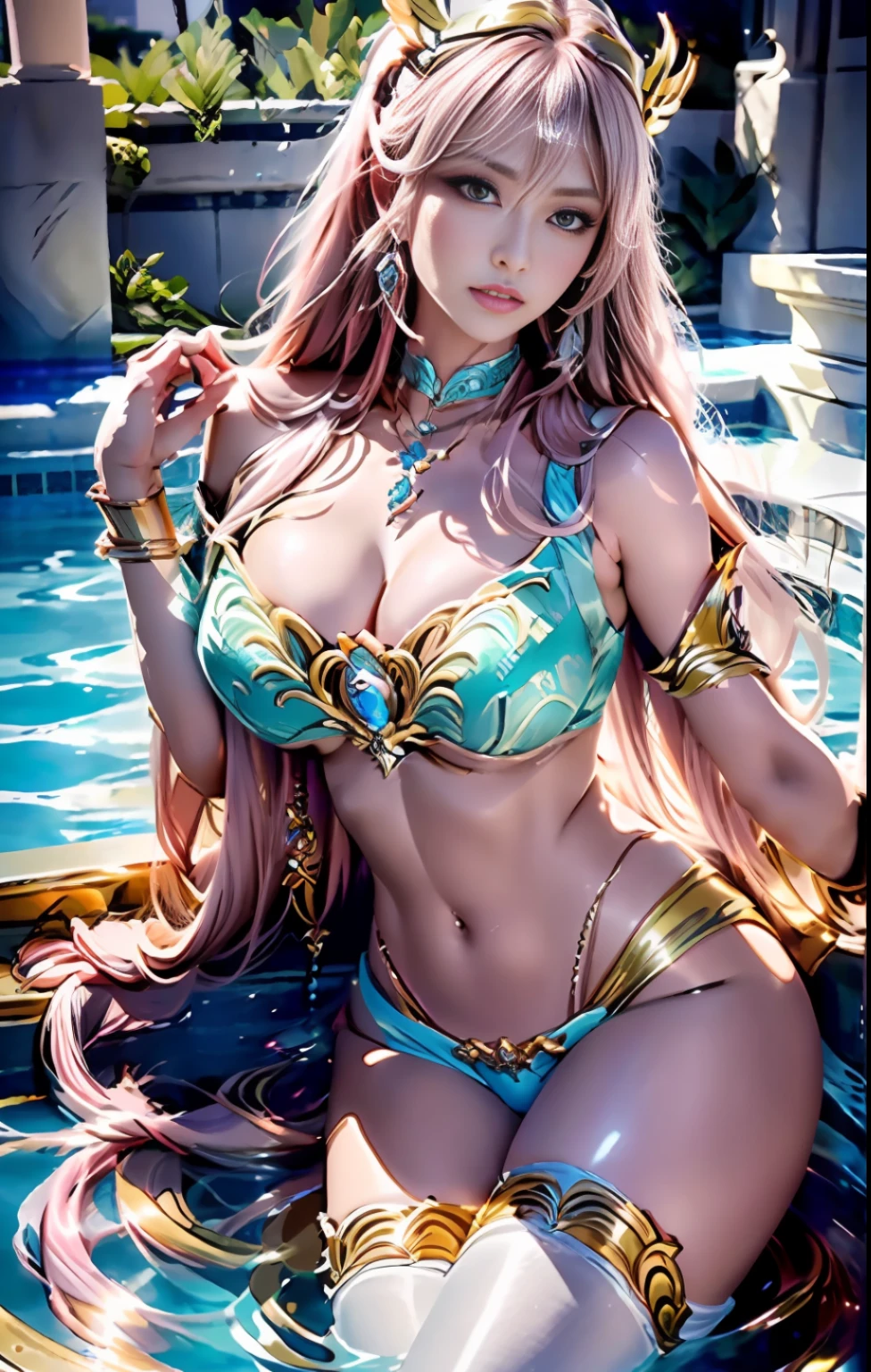 Golden Saint Seiya on the Water (legs lift: 1.4), beautiful long leg, Shy expression, imminent kiss, (soaked panties: 1.4) (huge pool) (water flow), pink hair, white stockings, transparent lace underwear panties (armor: 1.4), reclining, recommended positive prompts: Max Quality, masterpiece, Ultra-great resolution, (photot-REALISTIC: 1.4), 1girl(Rose), moyou, realistice，, (Saint Seiya: 1.4) (phoenix pattern: 1.4), jewelry, Pendants, necklaces, bracelets, diamonds, colored gemstones, bare shoulders, (BUTT EXposed,: 1.4), exposed panties, open navel, open ass, (vest line), (groin: 1.4), Underboob, (looking awdown), Unrealistic engine style, detailing、, surreal, boca effect, shot in David LaChapelle's style, bioluminescent color palette: lilac, pale pink, bright white, Wide-Angle, super-detailed, cinematic still life, vibrancy, Sakimichan's style, perfecteyes, Highest image quality 16K, inspired by harry winston, shot on Canon EOS R 6, masterpiece , mole below the eye, Wide-Angle, raytraced, surrealism, Textured skin