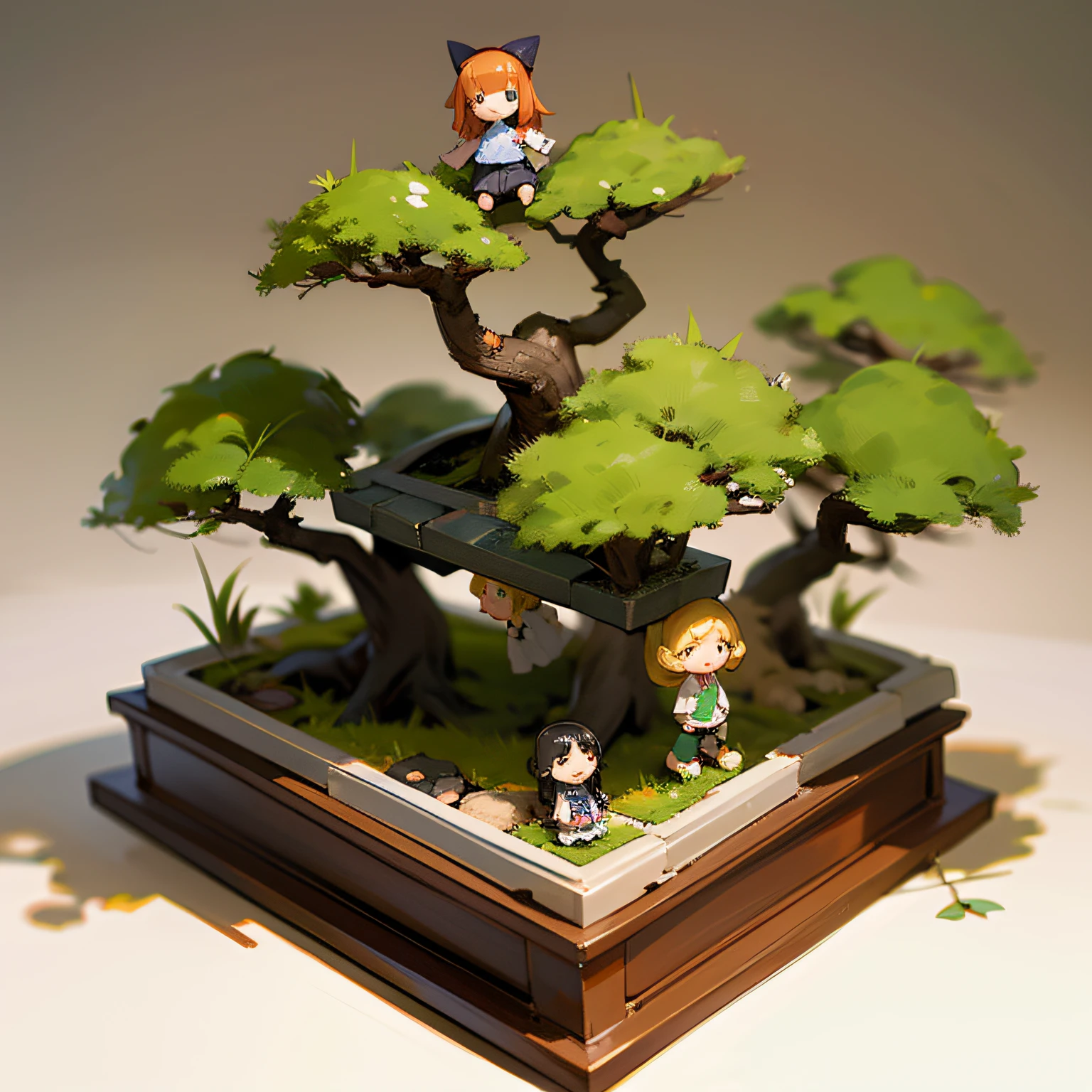 Miniature bonsai landscape with dolls above --auto