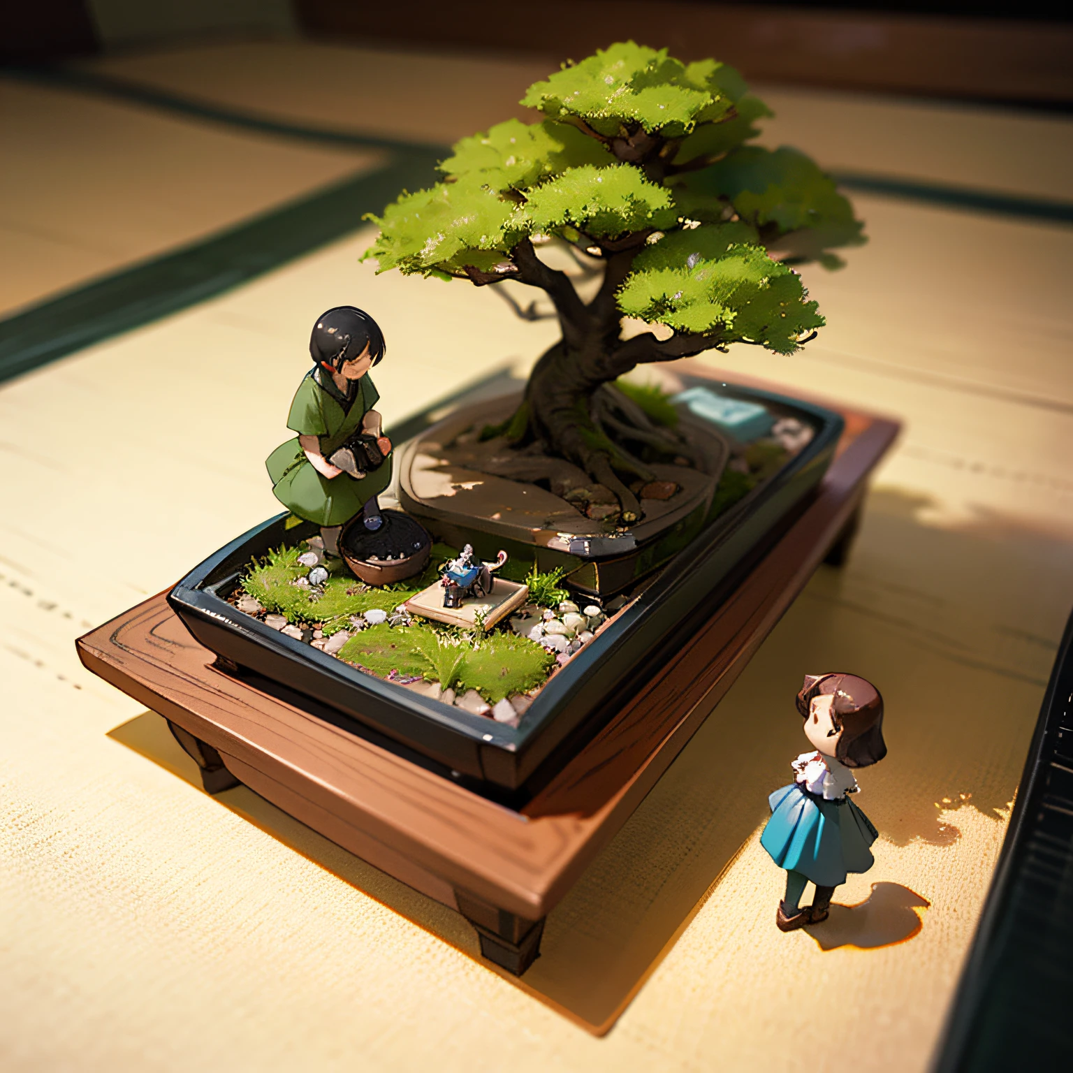 Miniature bonsai landscape with dolls above --auto