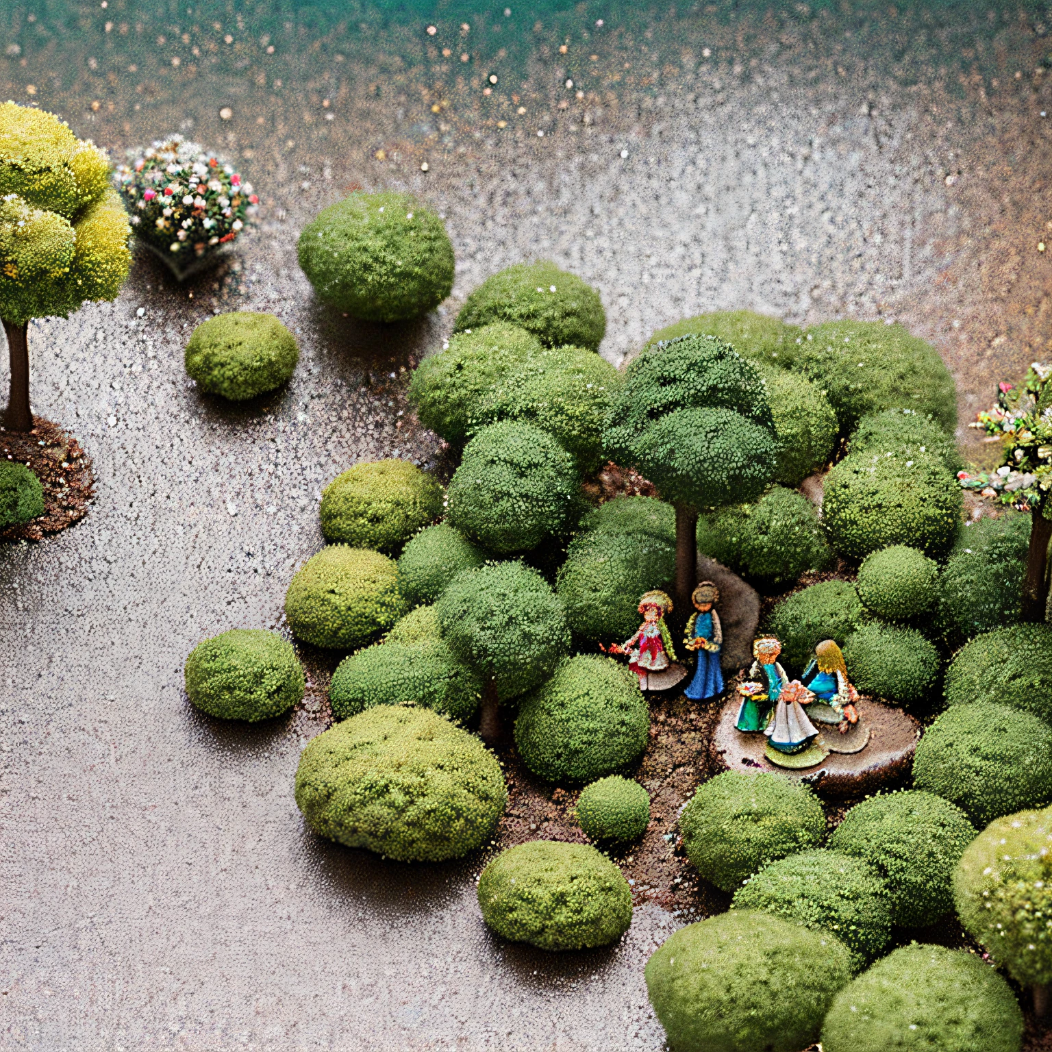 Miniature bonsai landscape with dolls above --auto