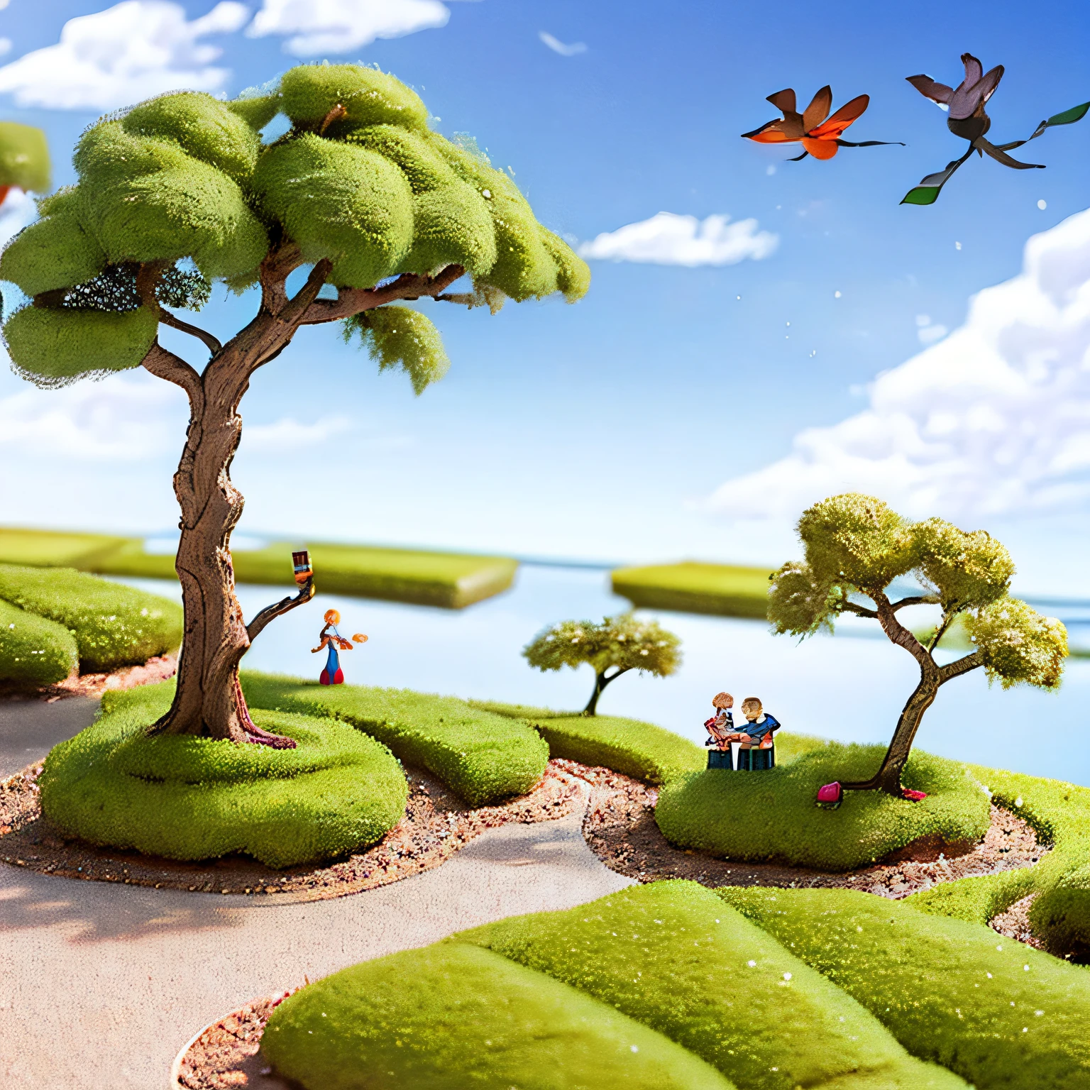 Miniature bonsai landscape with dolls above --auto