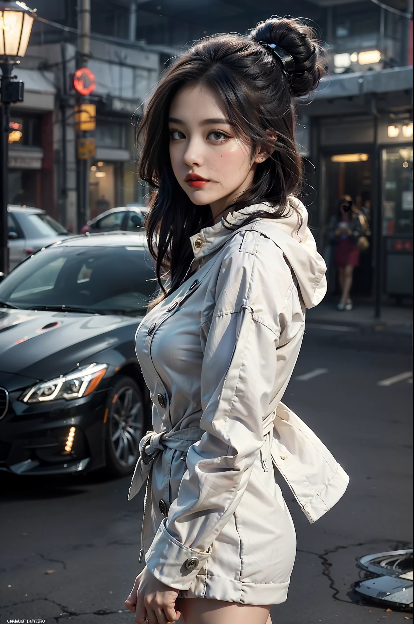 (MasterPiece,absurdress,high quailty,best best quality,Hyperdetail,bella),Perfect eye,perfect face,Perfect lighting,textured skin,beautiful detail face,(Detailed face:1.4),Beautiful Detail Eye,ambient light,realistic shadow,Beautiful detail pupils,adorableness,1girle,solo,Single focus,Beelzebub,bobed hair,White Hair,demongirl,demon tail,freckels,Red Eyes,White horn,Purple lipstick,Lips,Blushlush,White fur coat, (White fur-trimmed coat:1.3), out door, the street, (on night:1.2), Car in the background, Headlights, Church in the background, lamplight, The moon, looking at the viewers, walk, Sorrisos, From Side, FULLBODY, plentiful, expensive, jewellery