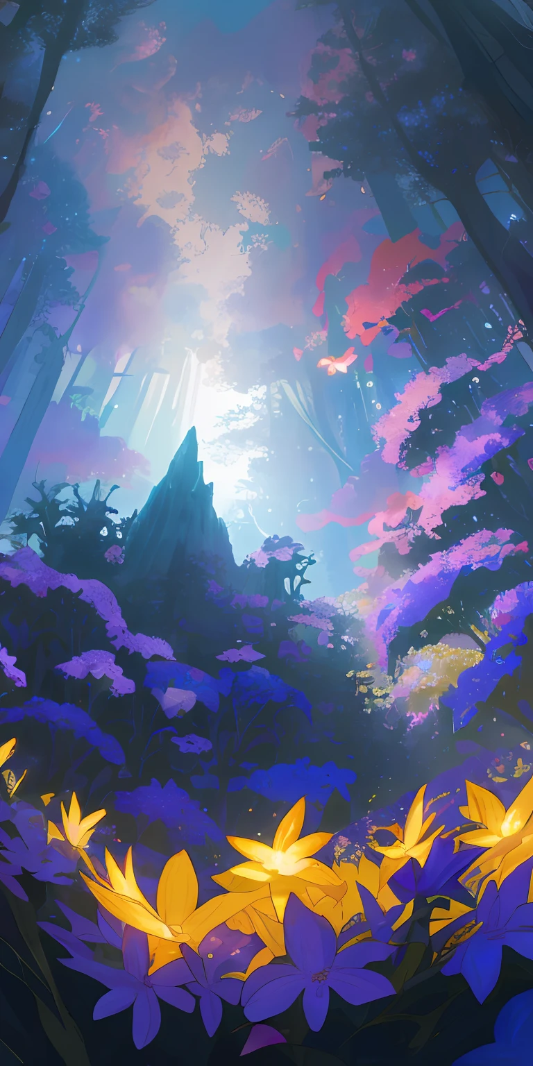 A vacant lot,Flowers grow in open spaces,In the distance is a dark forest,The flowers are bright,light sparkles,Clear skies change from above to dark skies,Look at the camera from below,Dark lighting,volume illumination,super-detail,Environmental details,highs quality,coverpage,Fantasia,Arte,MasterPiece,best best quality