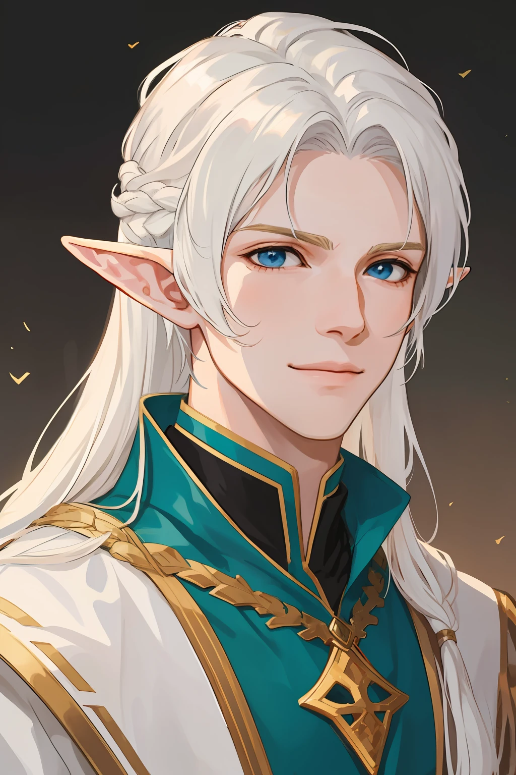 anime - style image of a white haired man with blue eyes, a portrait of a male elf, portrait of a young elf wizard, beautiful androgynous prince, delicate androgynous prince, beautiful male elf, a male elf, elven male, elven character with smirk, portrait of fin wildcloak, portrait of an elf, portrait of magical blond prince