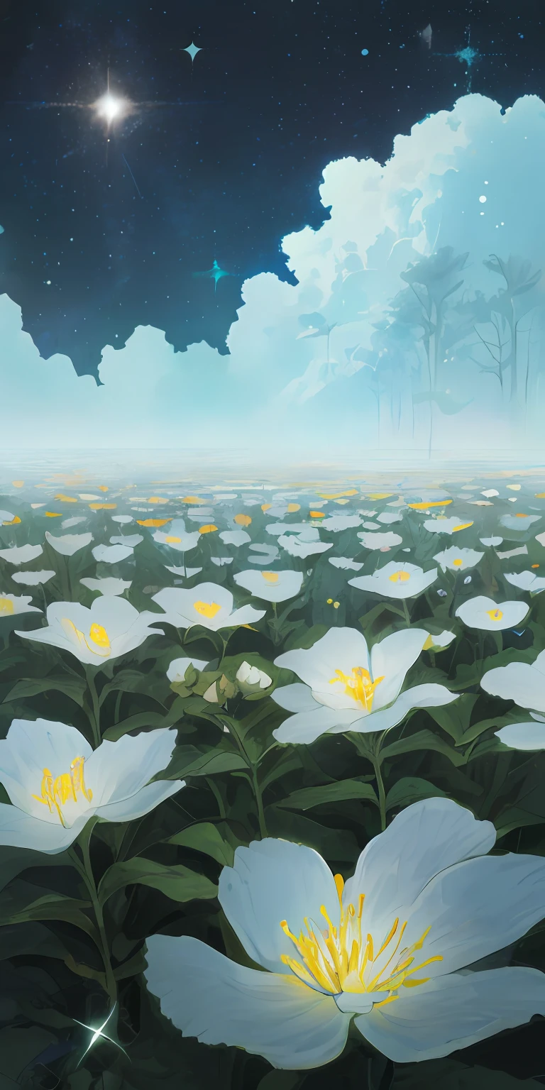 A vacant lot，Flowers grow in open spaces，In the distance is a dark forest，The flowers are bright，light sparkles，Clear skies change from above to dark skies，Look at the camera from below，Dark lighting，volume illumination，super-detail，Environmental details，highs quality，coverpage，Fantasia，Arte，MasterPiece，best best quality