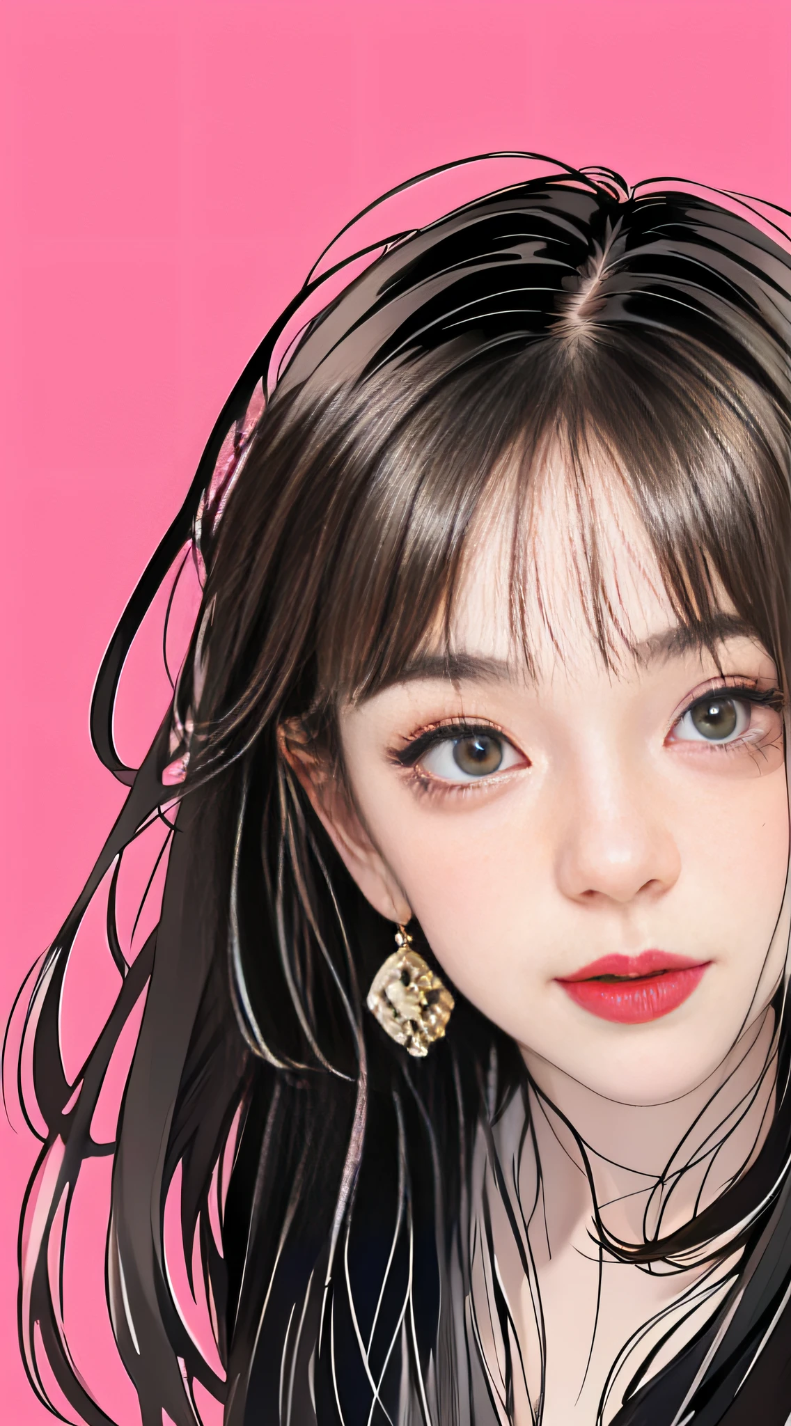 A cute girl with random hair, messy, earrings, street style, solid color background, cold expression, simple background, minimalist, evil smile, facing the camera, looking at the audience