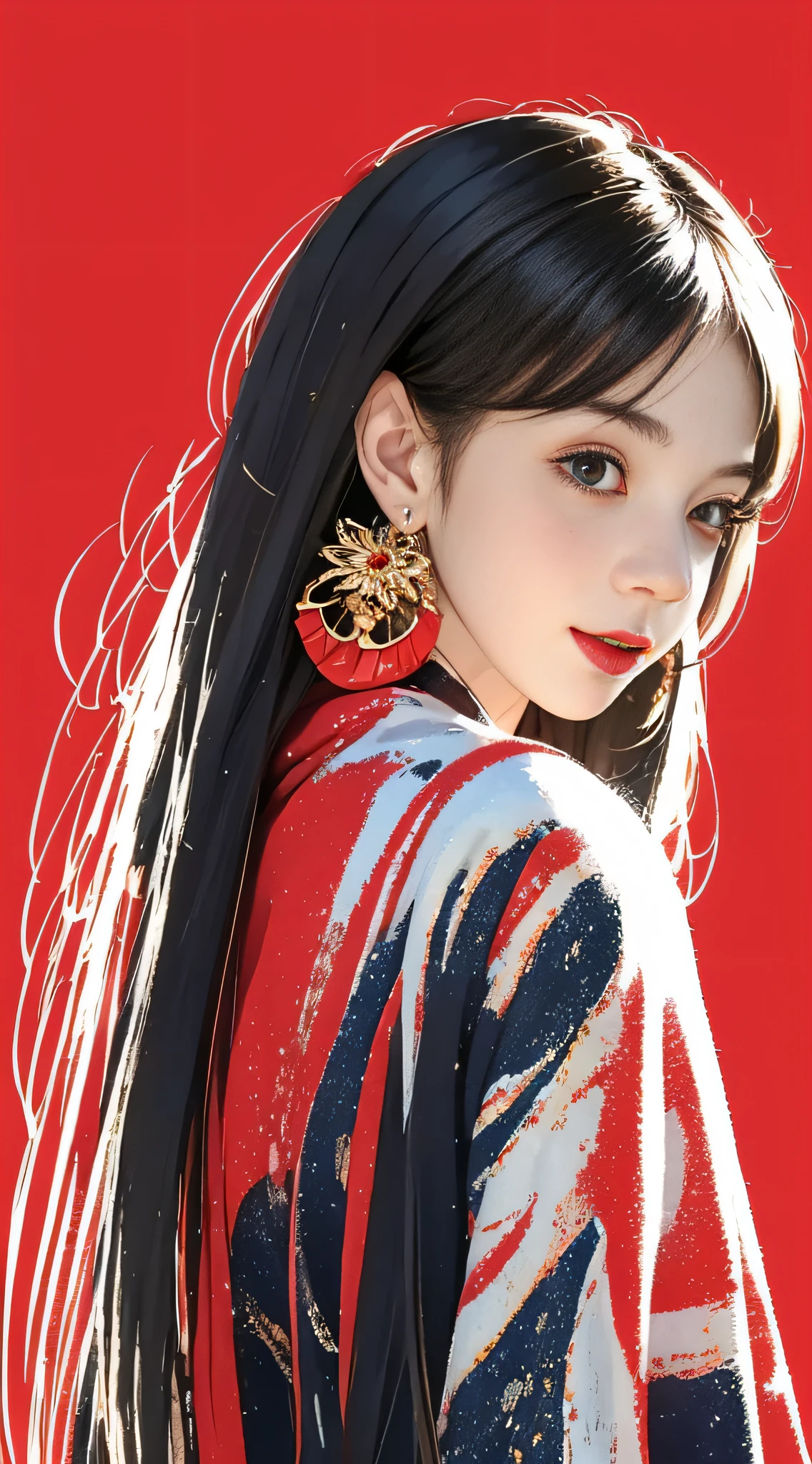A cute girl with random hair, messy, earrings, street style, solid color background, cold expression, simple background, minimalist, evil smile, facing the camera, looking at the audience