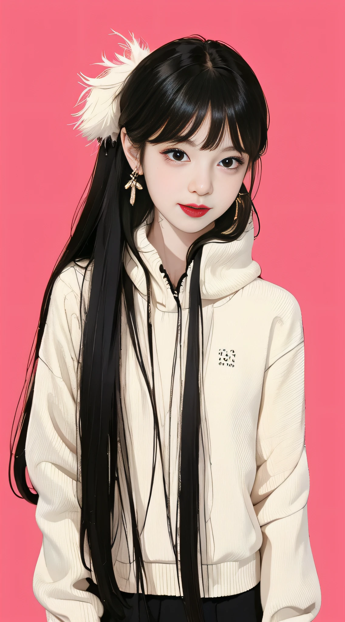 A cute girl with random hair, messy, earrings, street style, solid color background, cold expression, simple background, minimalist, evil smile, facing the camera, looking at the audience