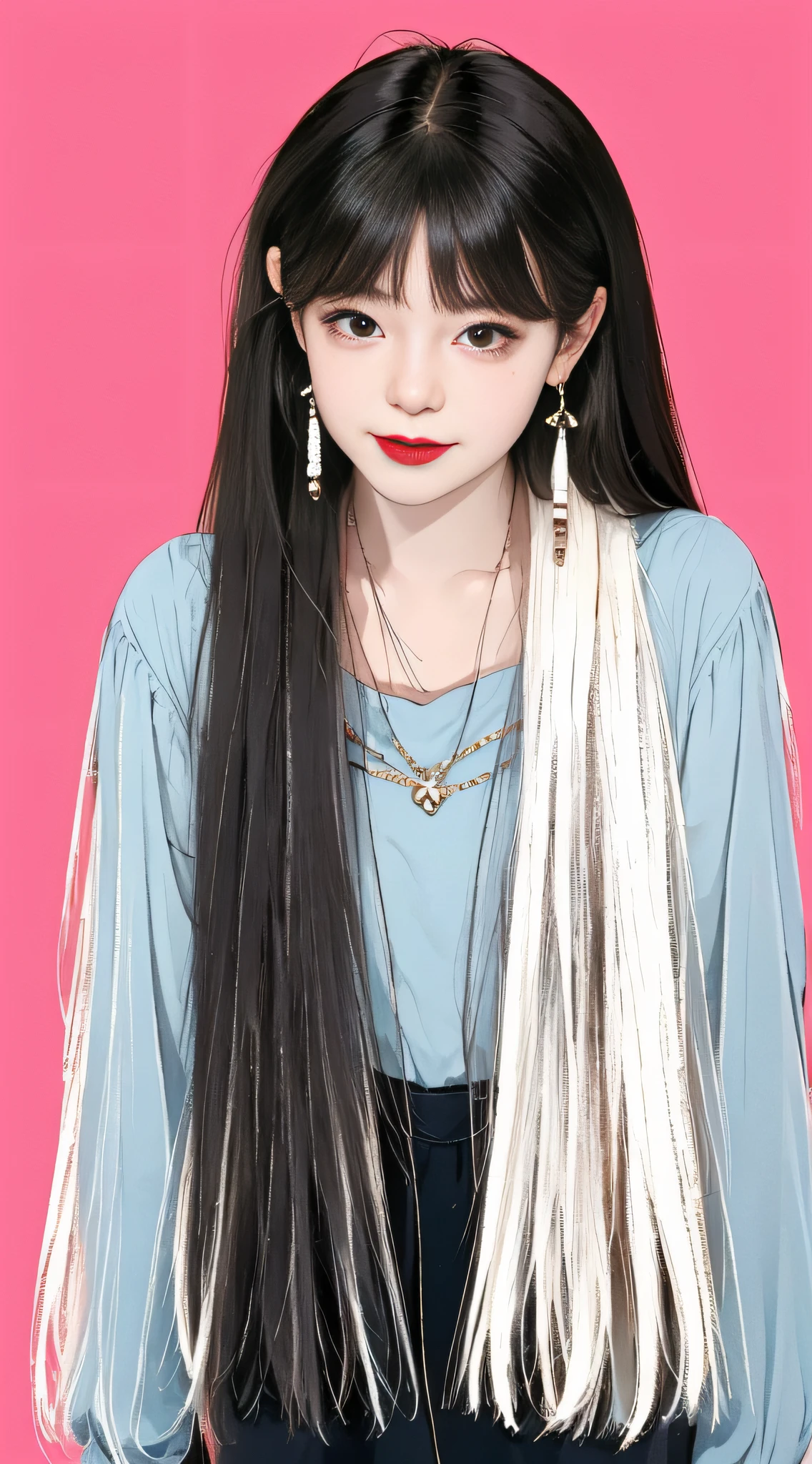 A cute girl with random hair, messy, earrings, street style, solid color background, cold expression, simple background, minimalist, evil smile, facing the camera, looking at the audience