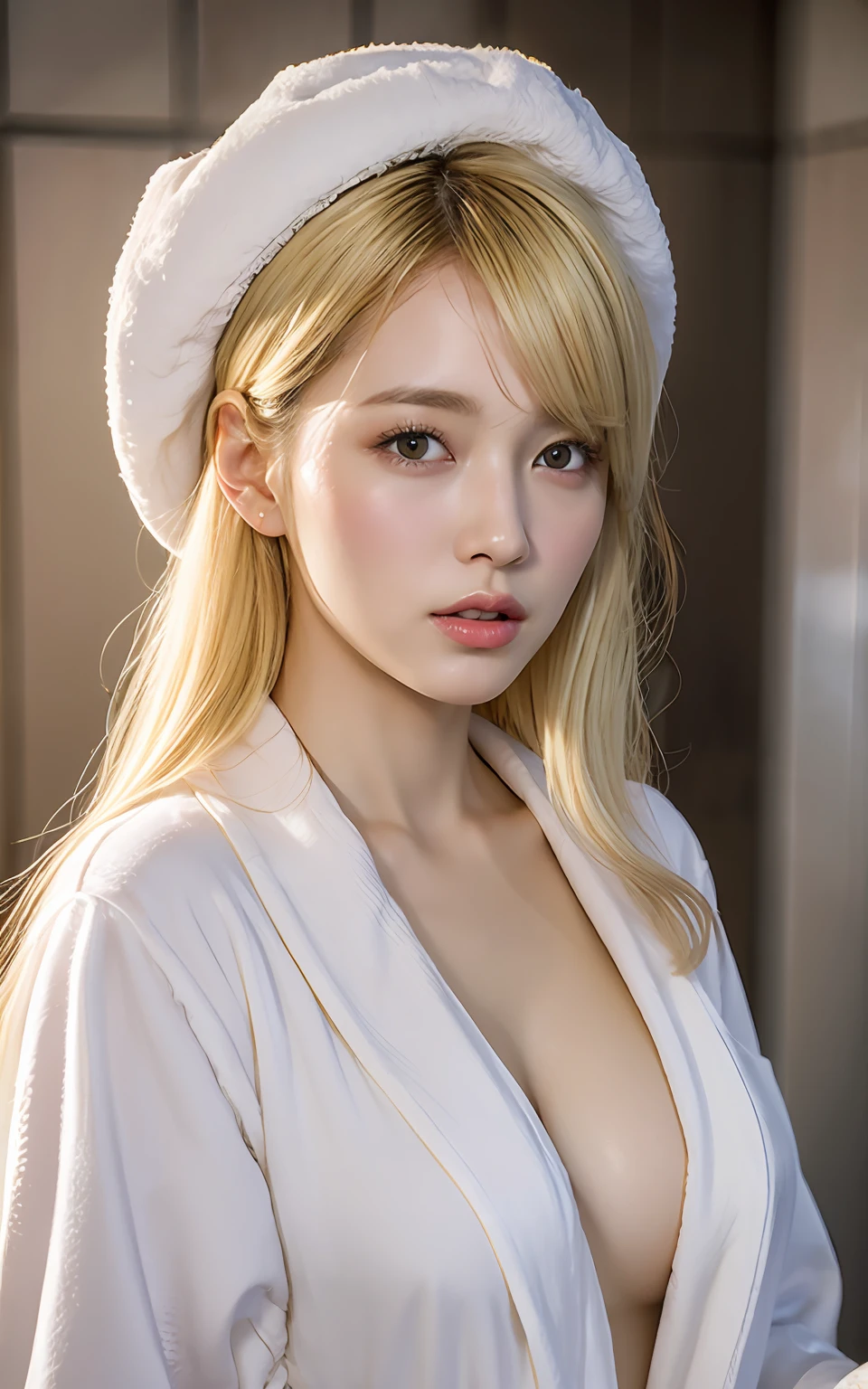 Highly detailed CG Unity 8k wallpaper, Max Quality, super-detailed, masterpiece, realistice,, Photorealistic photo, very detailed cute girl, 25 years old, ((blonde Hair:1.4)), ((dyed blonde)), (Gal), round eyes, Viewer, blush, parted lips, half body shot , (White bathrobe) , shower room