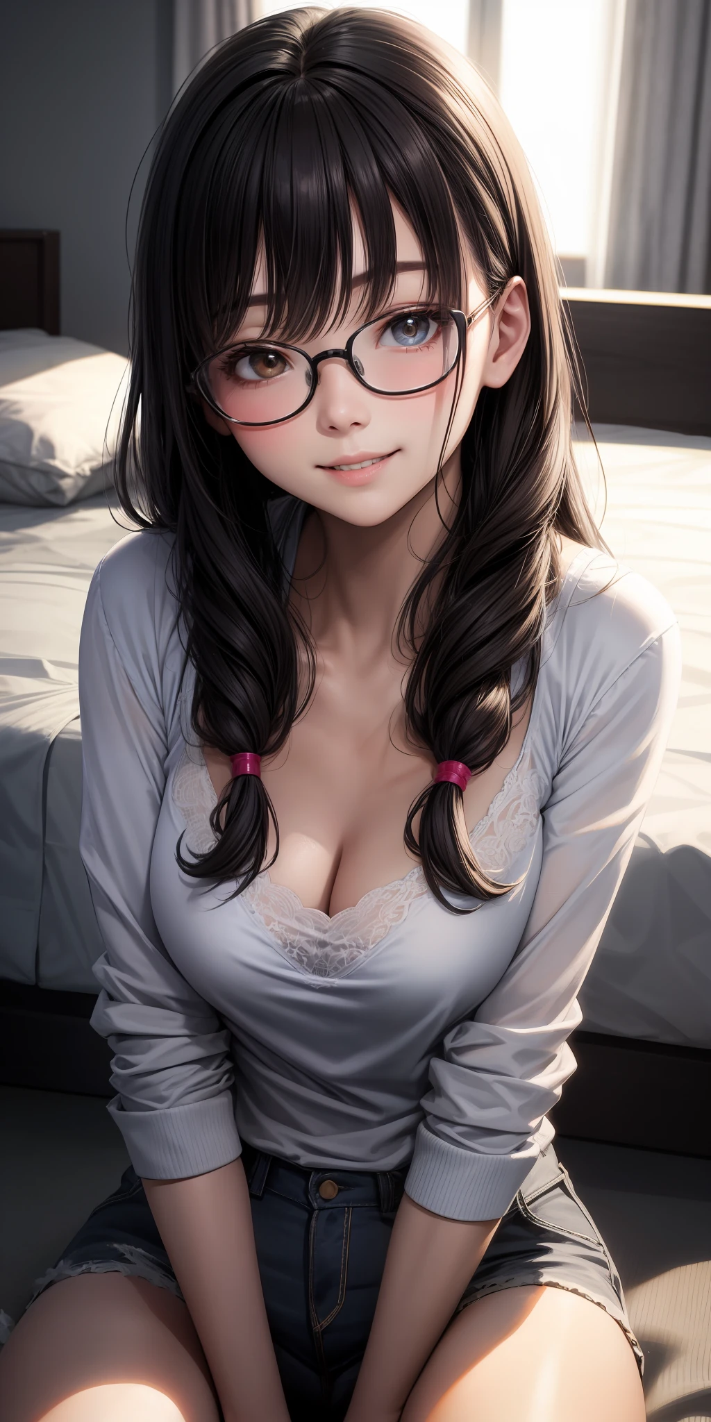 realistice、The girls 1 人、Wearing glasses,Hairstyle short、sit on the bed,Looking next door,Smile,Face Zoom,Cleavage emphasis、