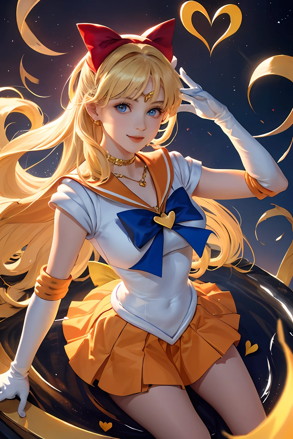 (MasterPiece,best best quality;1.3),Extremely Detailed CG,Ultra-Detailed,1girle,solo,Sorrisos,looking at the viewers,Stylish Ungle,long blond hair,blueeyes,
SV1,Sailor Senshi Uniform,Orange skirt,Elbow Gloves,headpieces,ORANGE SAILOR COLLAR,red bow,Orange necklace,up of white gloves,jewellery,Seen from above,
dynamicpose, Face Focus, Venus, tornado, Abstract Background, Heartstorm, Hart beam, Heart bubbles, Heart bath, Halt Star, Heart flower, Heart lamp, The world of the heart, Heart background, galaxy background, Heart weapons, Heart aura,