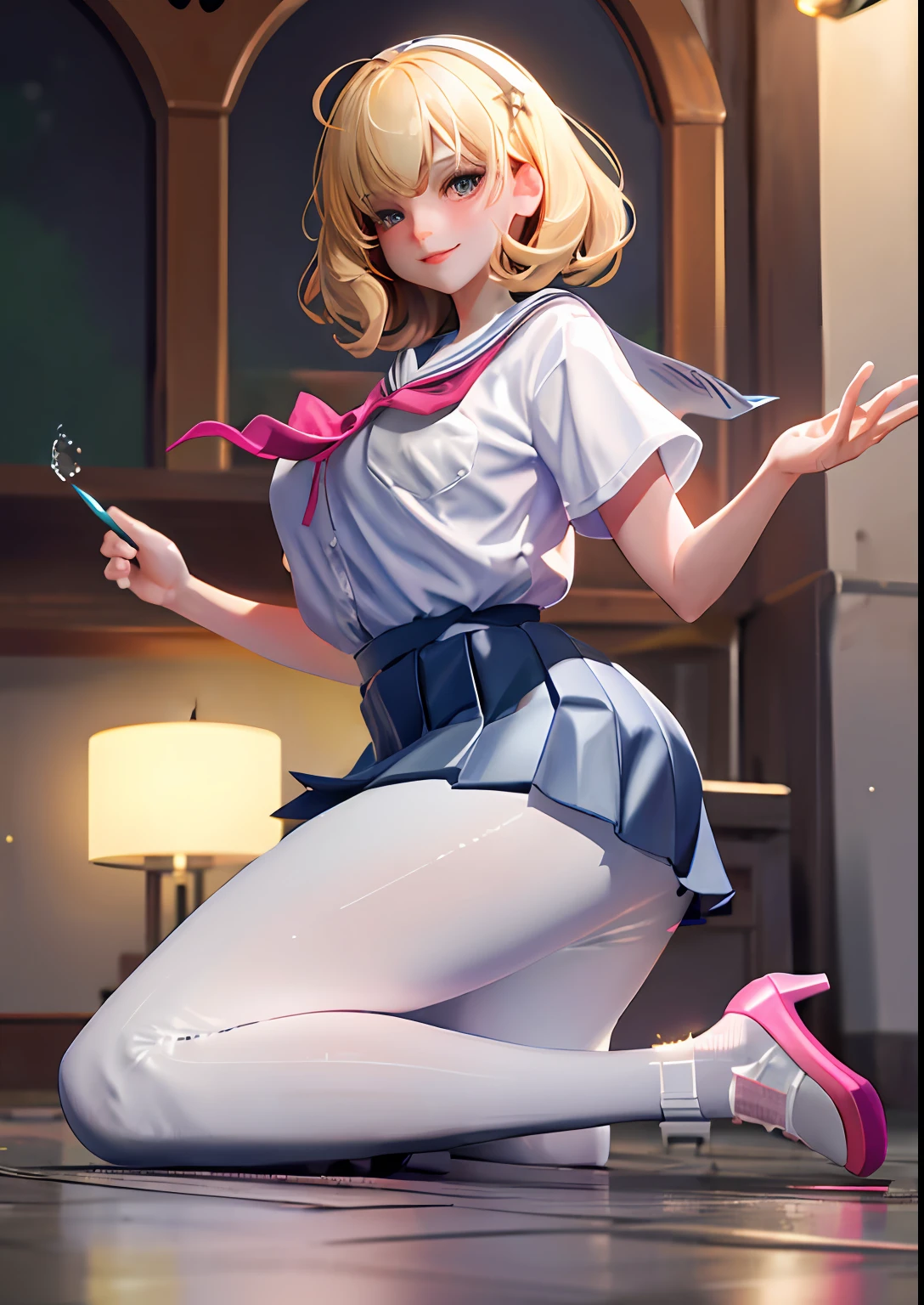(MasterPiece,best best quality:1.2),ultrarealism,solo,1girle,white pantyhose,(shining skin,wetted skin:1.2),perspiring,a slight smile,looking at the viewers,,School Uniforms,whiteshirt,miniskirts,thicc thighs,Afternoon,HIGH HEELS