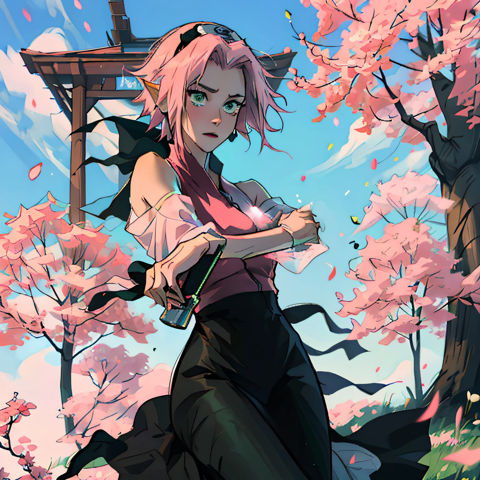 anime girl with pink hair and green eyes holding a sword, sakura haruno, the non-binary deity of spring, demon slayer rui fanart, Shirabii, elf girl wearing an flower suit, inspired by Nishikawa Sukenobu, sakura petals around her, cute anime waifu in a nice dress, pink white and green --auto