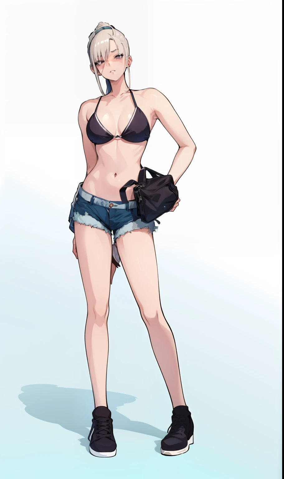 cartoon of a woman in a bikini top and shorts with a purse, de s da linha de frente, meninalo linha de frente, detalhes finos. meninas da le frente, foco nas coxas, menina anime sedutoupa reveladora, noire cena mal-humorada, estilo anime ecchi, cell shaded adult animation, SFW Version, (sfw) seguro para o trabalho, Varied positions, seios grandes