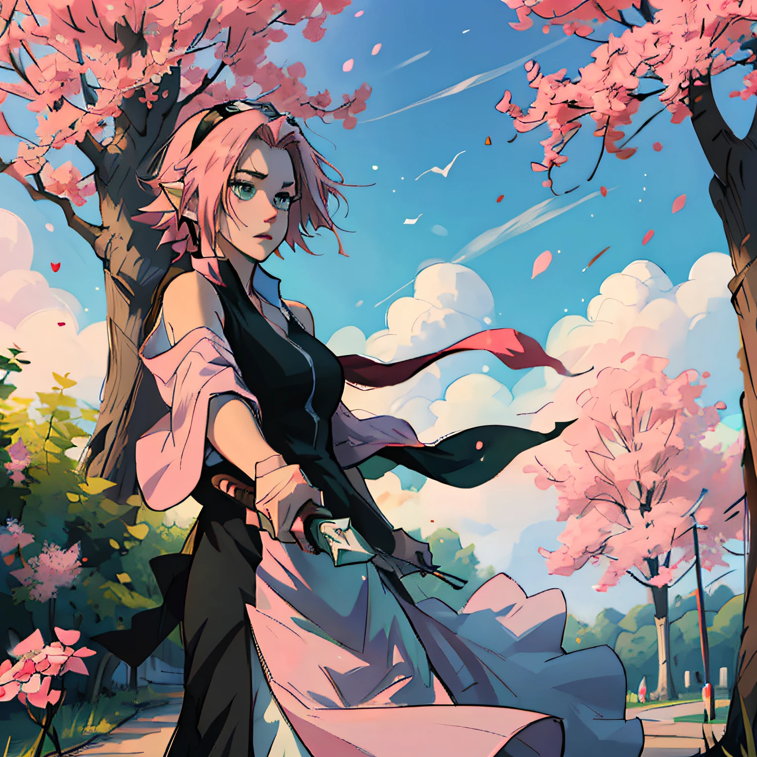 anime girl with pink hair and green eyes holding a sword, sakura haruno, the non-binary deity of spring, demon slayer rui fanart, Shirabii, elf girl wearing an flower suit, inspired by Nishikawa Sukenobu, sakura petals around her, cute anime waifu in a nice dress, pink white and green --auto