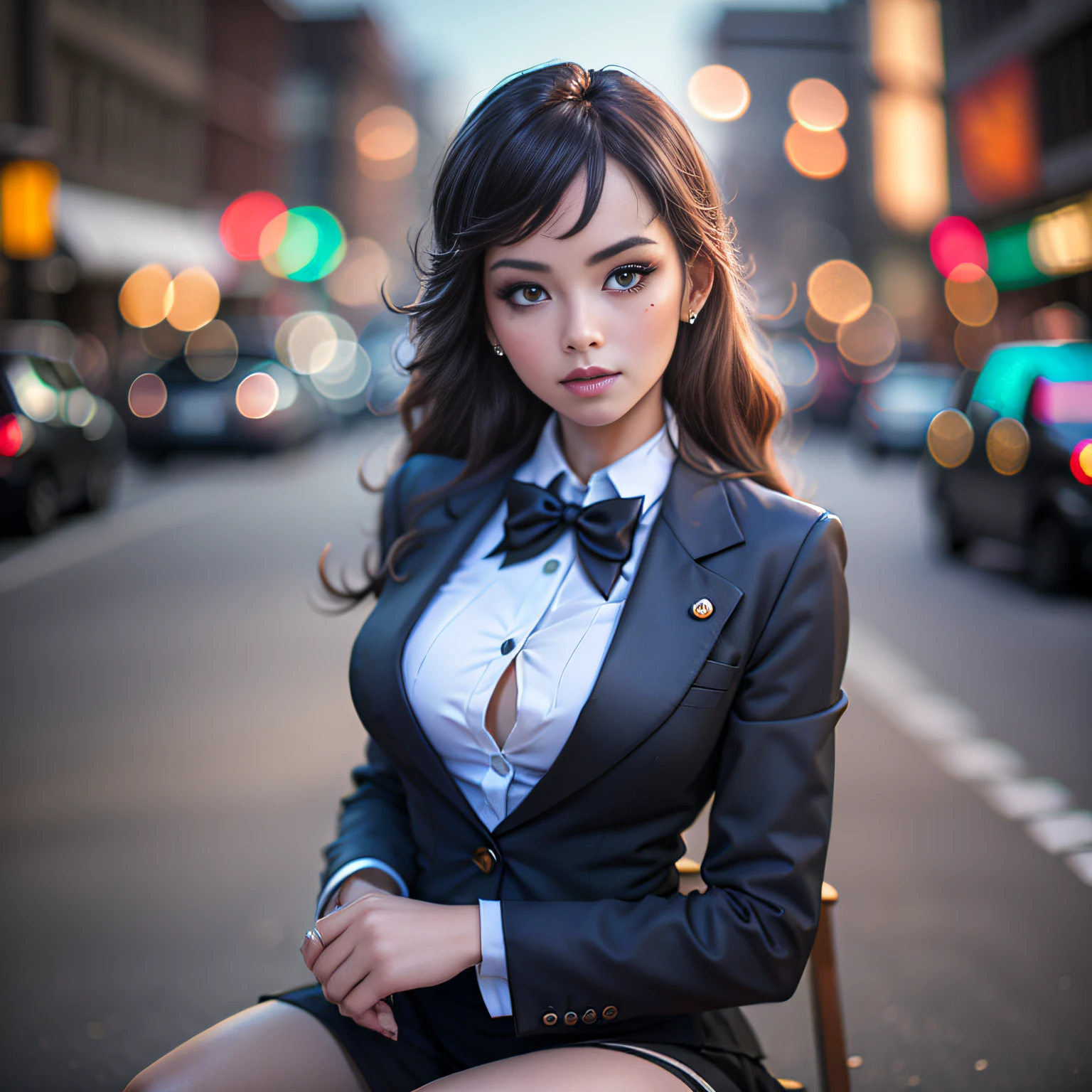 woman in a suit sitting on a bench in the middle of a city, Surrealism female student, Surrealism female student, anime girl in real life, Beautiful Asian Girl, anime girl cosplay, seductive anime girls, girl in a suit, girl in a suit, Korean girls, cyberpunk beautiful girl, Realistic Schoolgirl, cyberpunk photo, elegant glamorous cosplay