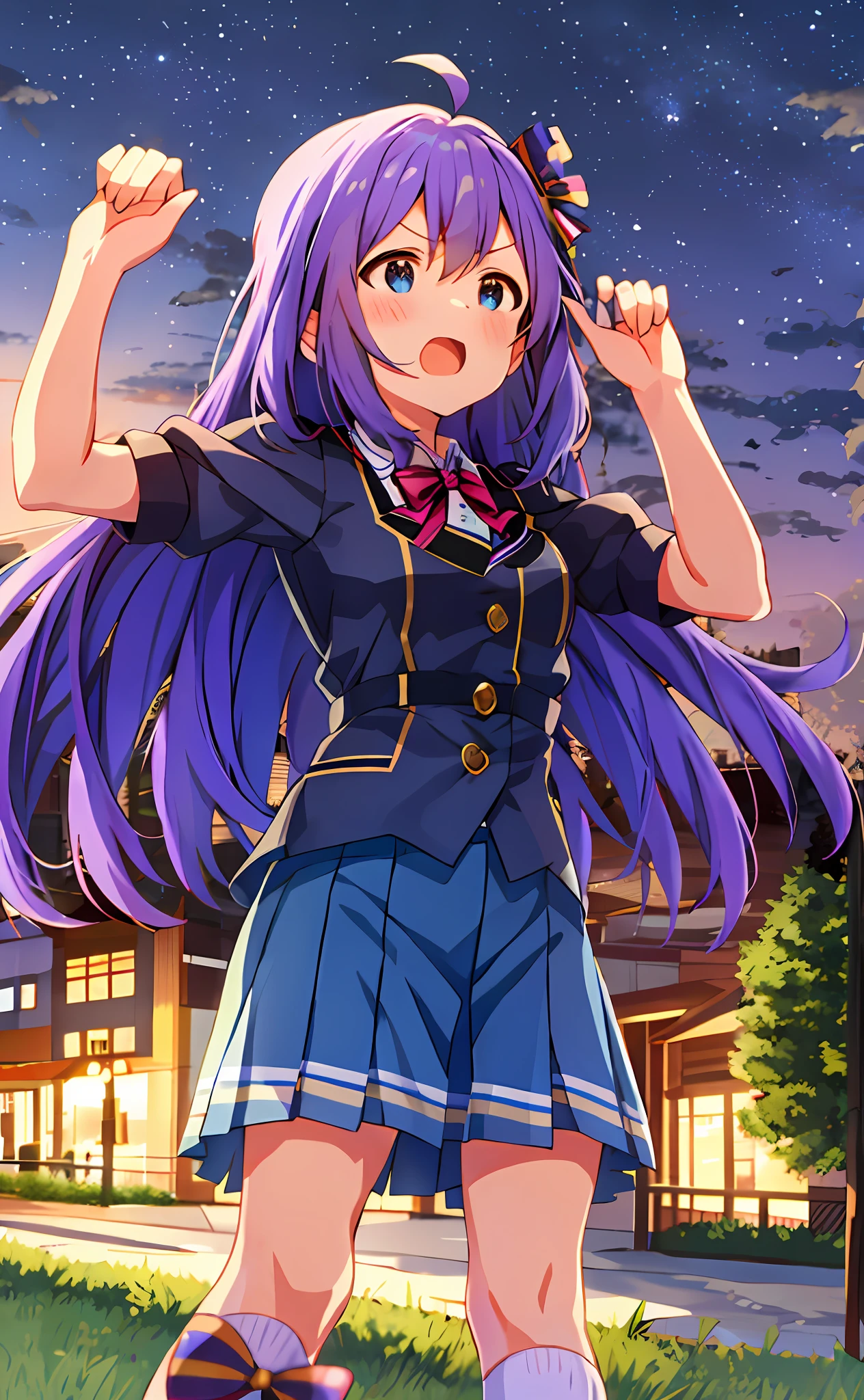 Anna Mochizuki (Million Live), (Top Quality, 8K, Masterpiece, Super Detail: 1.2), 1 Girl, Suspender Clothes.Skirt.Blushing, Clavicle, Bow, Ribbon, Blue Bow.Night.Night View.Outdoors.Spread Your Arms.Despair Face.Open Your Mouth.Clench Your Fists.Sweat.