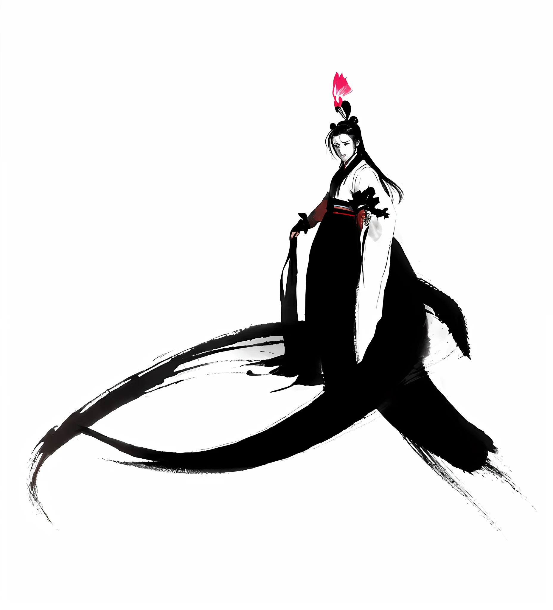 zydink， Single Color， ink sketch， 1girle， asian human （inbetweenin-Young female，beatiful face）， （long-haired，）， Fighting stance， looking at the viewers， Lifts Hand，long-haired， Floating Hair， ））））red color Hanfu， Chinese clothes， longsleeves， Palm up（abstract ink splash：1.2）， Ink Chinese Dragon，Whitebackground