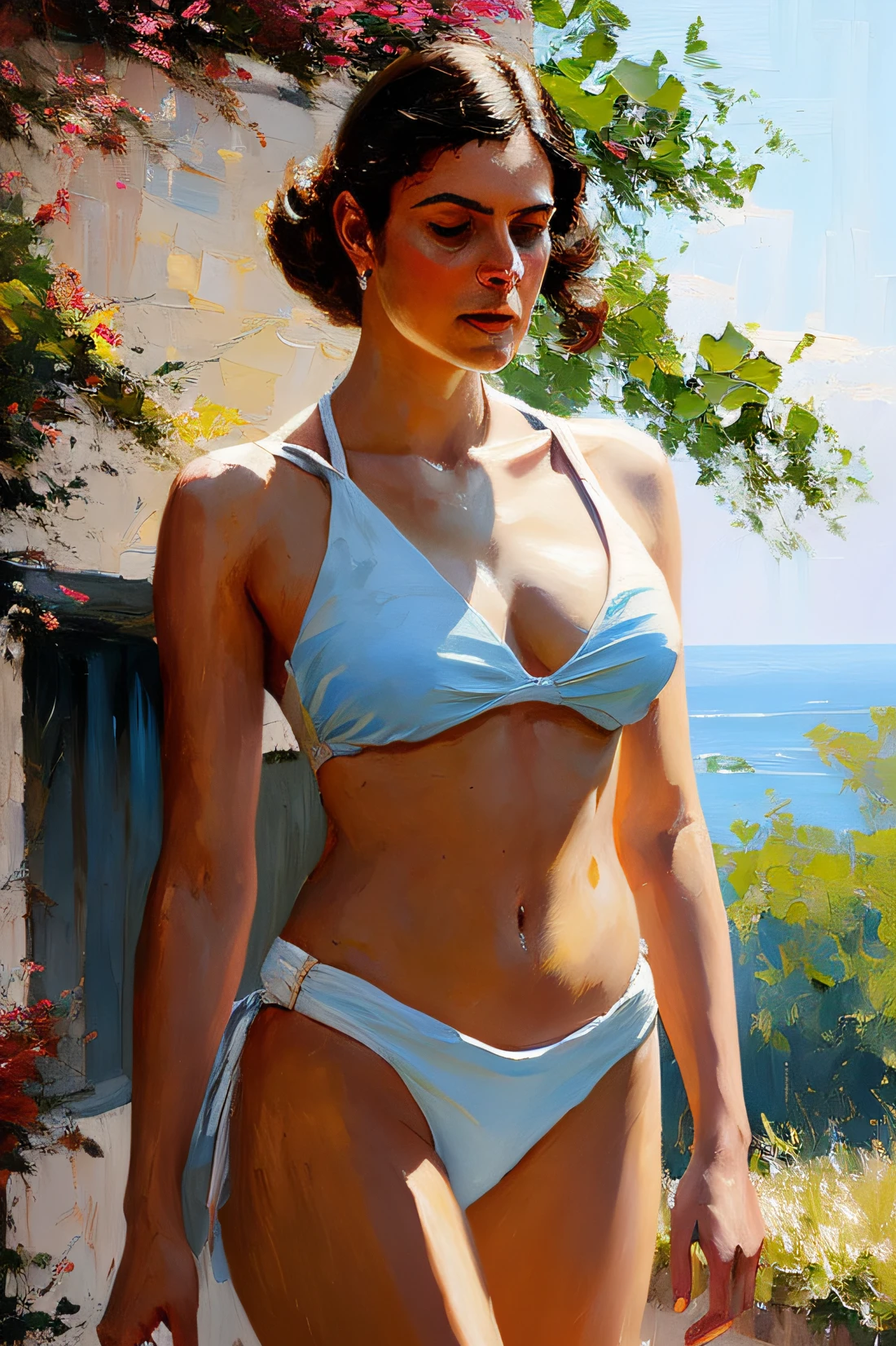 modelshoot style, (extremely detailed CG unity 8k wallpaper), full shot body photo of the most beautiful artwork in the world, stunningly beautiful photo realistic cute young lady in tiny bikini, big breast, professional majestic oil painting by Ed Blinkey, Atey Ghailan, Studio Ghibli, by Jeremy Mann, Greg Manchess, Antonio Moro, trending on ArtStation, trending on CGSociety, Intricate, High Detail, Sharp focus, dramatic, photorealistic painting art by midjourney and greg rutkowski