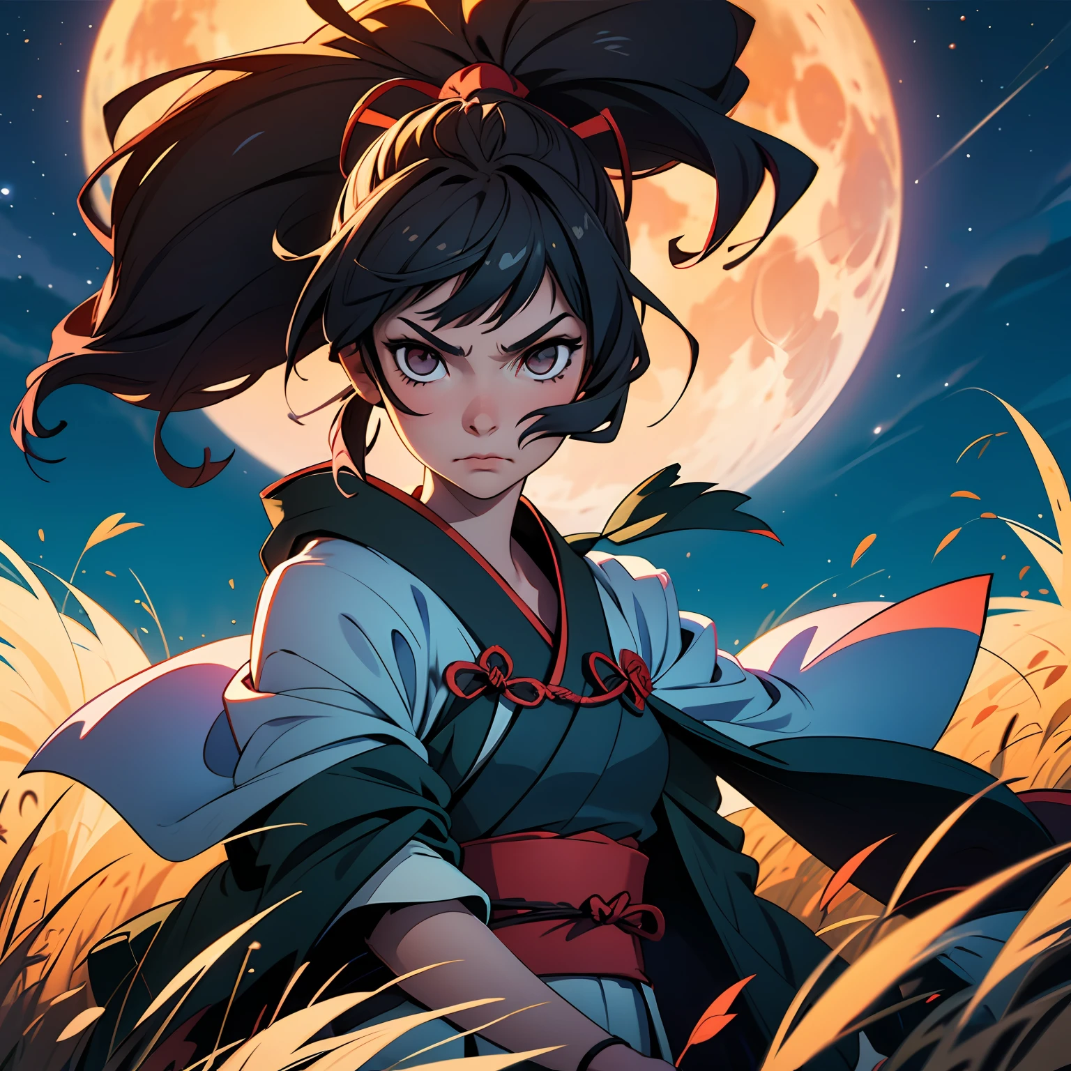 animemasume, samurais, Reed-covered,night,with full moon,epic showdown,best best quality,highly detaild,Ultra-Detailed,MasterPiece,black theme --auto