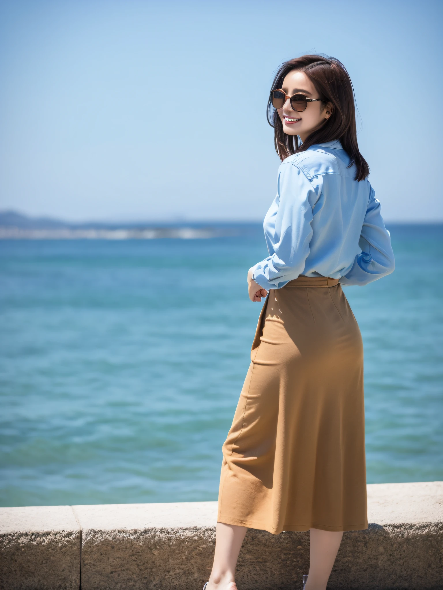 （（best best quality，8k，MasterPiece：1.3））， 1girle， Sorrisos， FULLBODY， Slim Faces， Beautiful woman， dark brown short long hair， wearing sunglasses，Wear a crisp shirt and a long skirt， back view， Blur background， Slim Faces， Facing the sea，