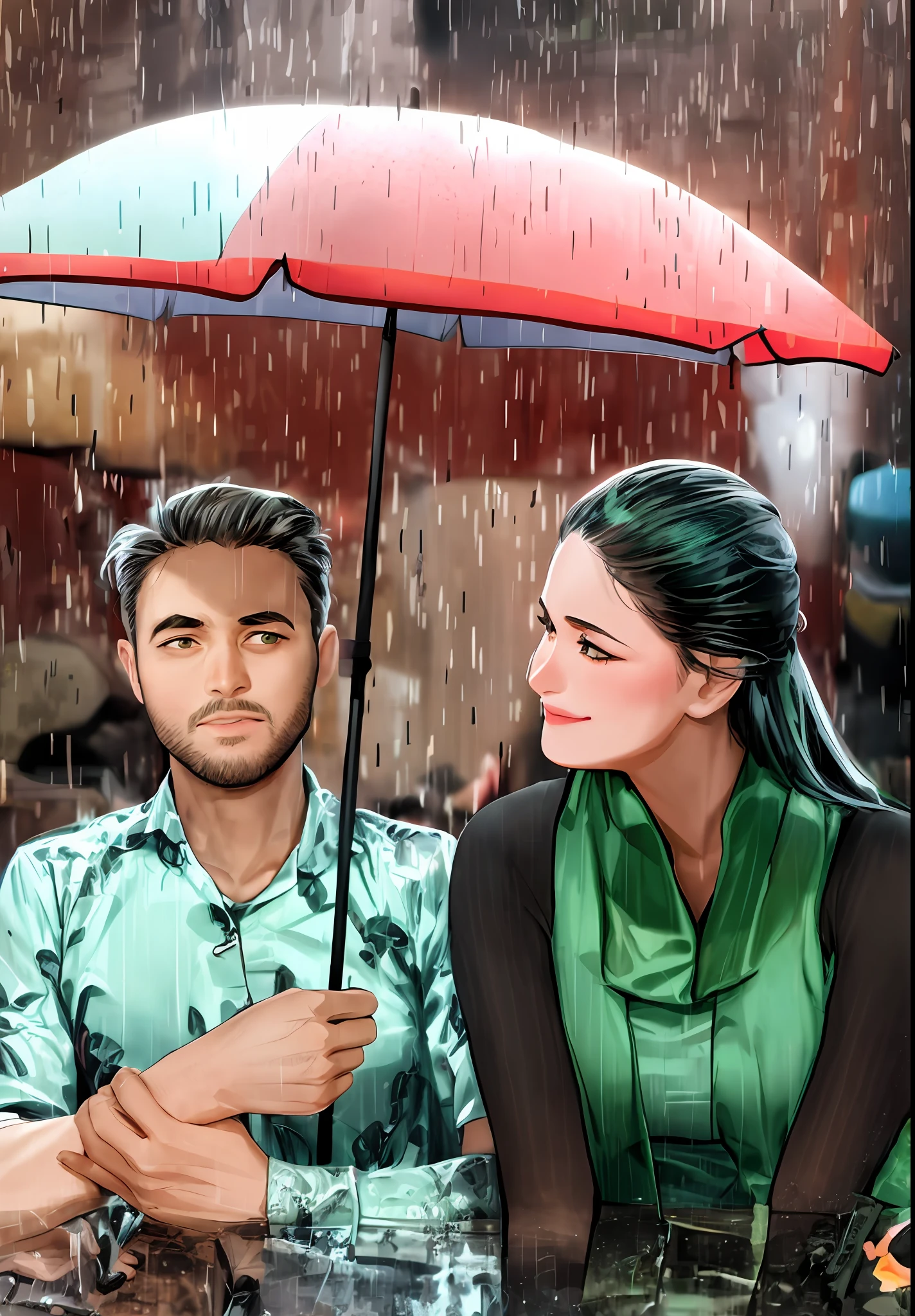 there is a man and woman sitting under an umbrella in the rain, raining portrait, after rain and no girls, * colour splash *, under rain, under large green umbrella, cover shot, movie promotional image, rain is falling, movie stills photography, raining award winning photo, by Manjit Bawa, modeling photography, edited, shot on nikon z9, holding umbrella