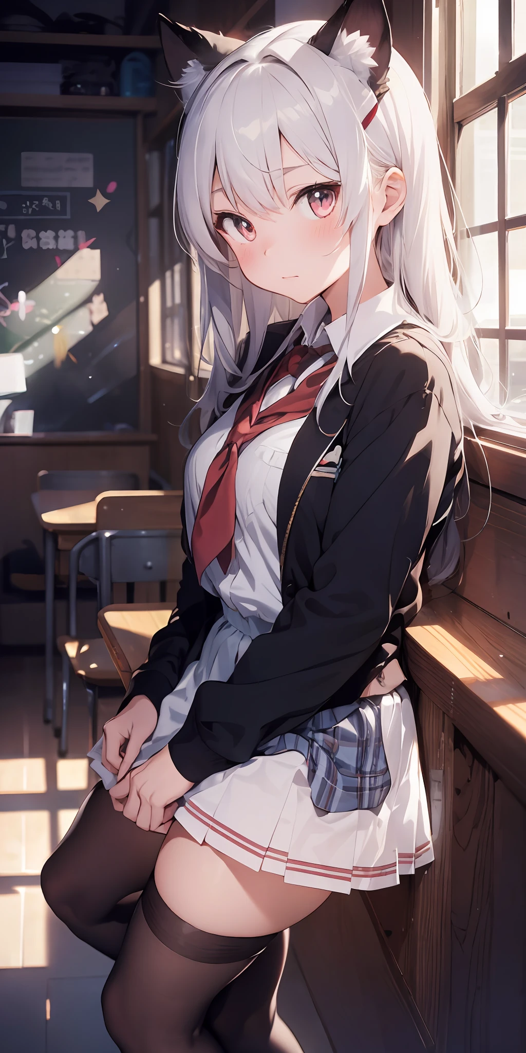 Anime girl with white hair and cat ears, ruby eyes, shy blush, school uniform, high contrast, soft light, master piece, extraordinary nice