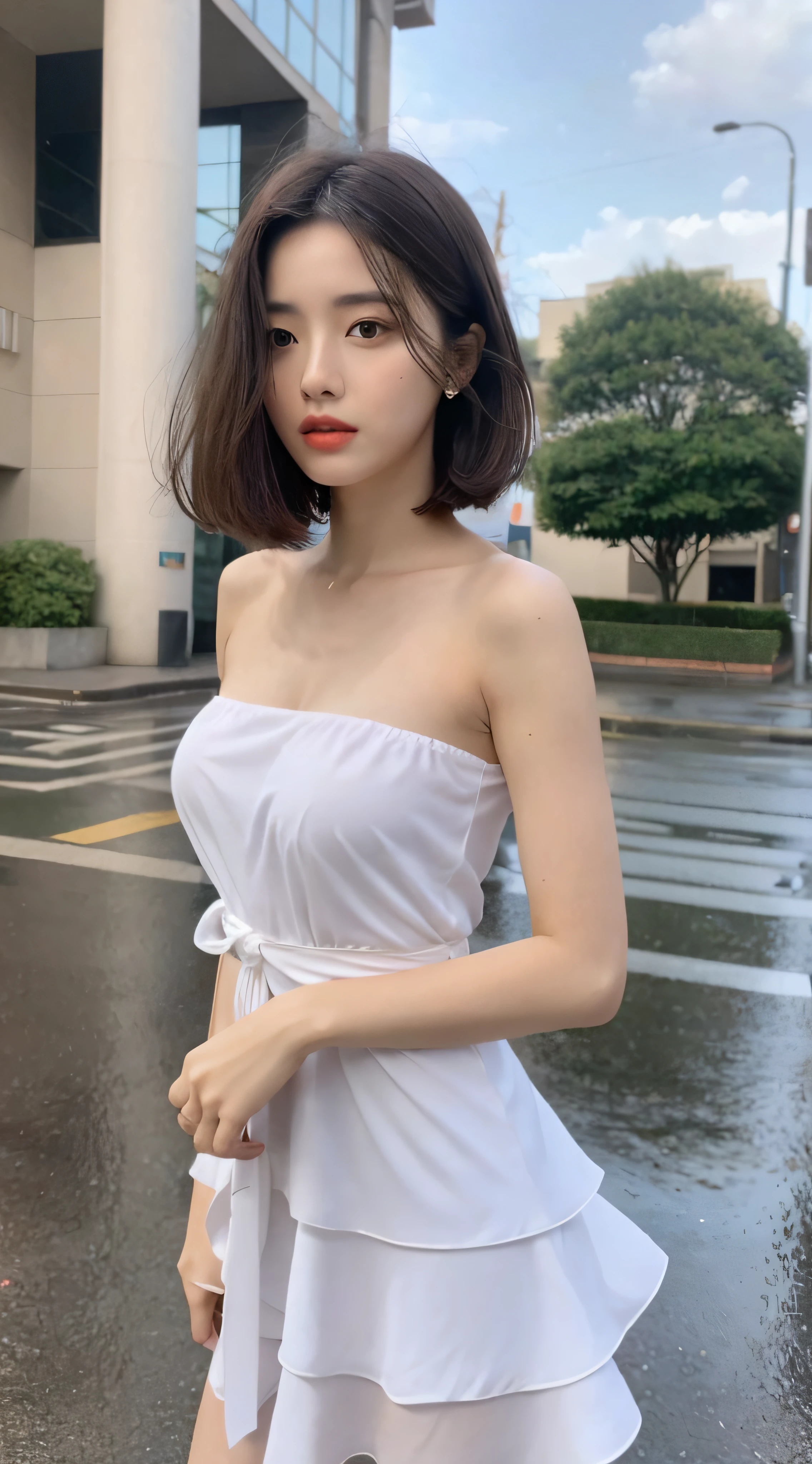 ((Best Quality, 8k, Masterpiece: 1.3)), Focus: 1.2, Perfect Body Beauty: 1.4, Buttocks: 1.2, ((Layered Haircut, Flat Chest: 1.2)), (Rain, Street:1.3), Bandeau Dress: 1.1, Highly Detailed Face and Skin Texture, Fine Eyes, Double Eyelids, Whitened Skin, Long Hair, (Shut Up: 1.3), Full Body