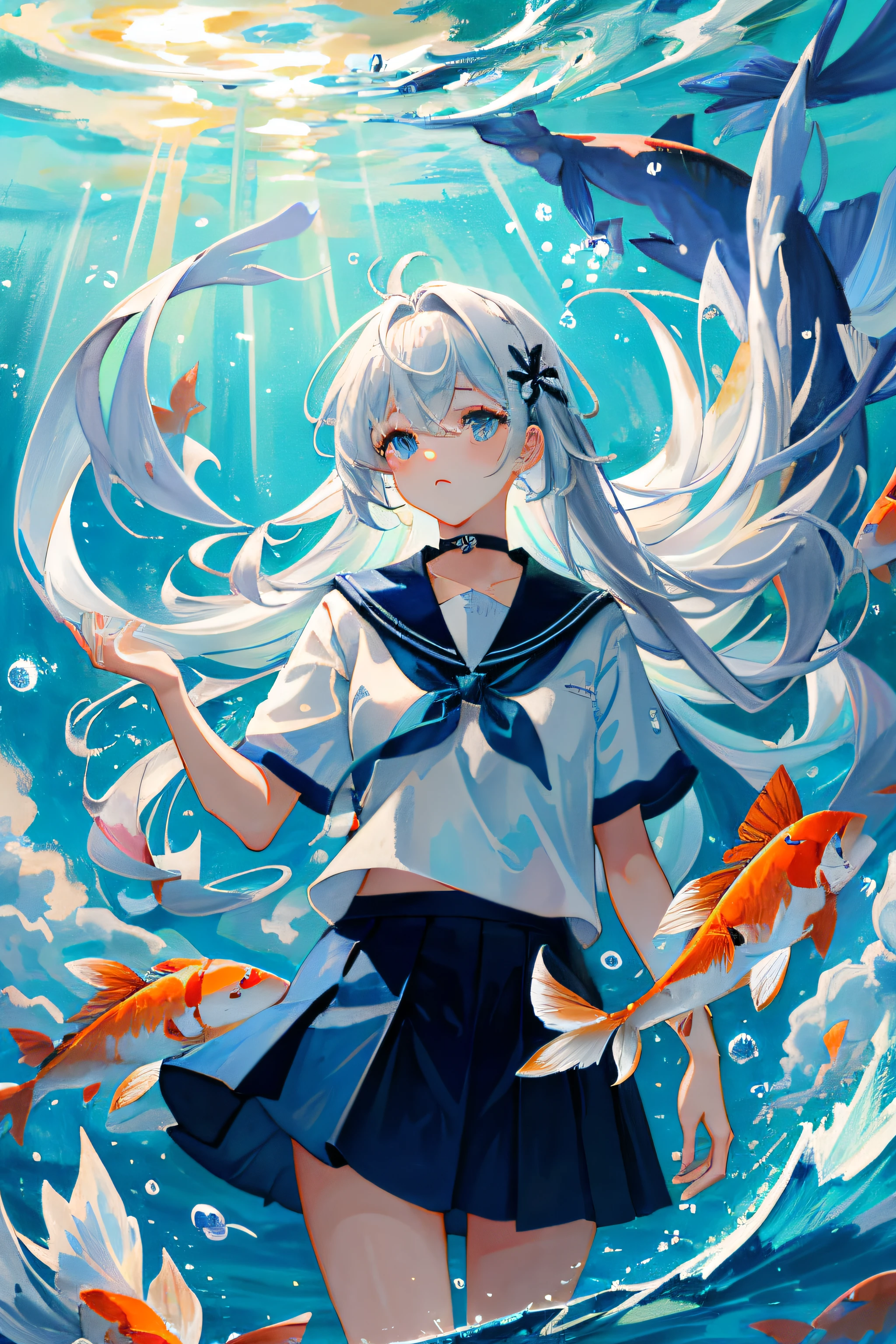 8k，best best quality，MasterPiece，hdt，1 girl，air bubbles，Rating：security，air bubbles，water under，1个gal girl，Surrounded by dreamy koi，Small koi，Long blue-white hair，Flowing hair，submerge，White Blouse，Light blue skirt skirt，Choker，serafuku，solo，water,，Bubble surrounding，Short Sleeve，（impressionism：1.4），dreamy background