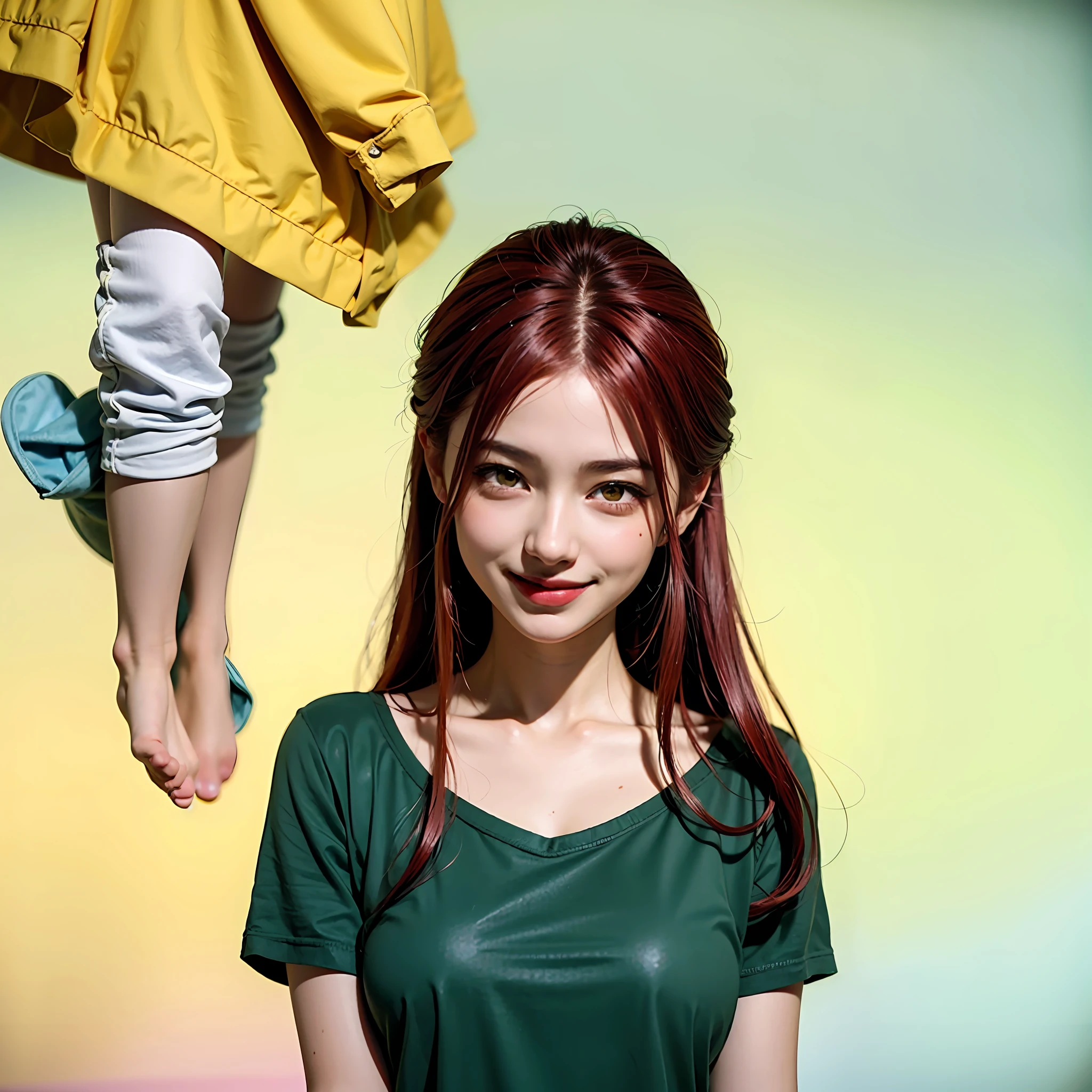 anime girl with red hair and green shirt standing, in an anime style, anime style character, in anime style, female anime character, various pose, she has red hair, anime character, dramatic smile pose, an anime girl, as an anime character, anime woman, (anime girl), with red hair, she expressing joy, erza scarlet as a real person, (yellow eyes:1.3)