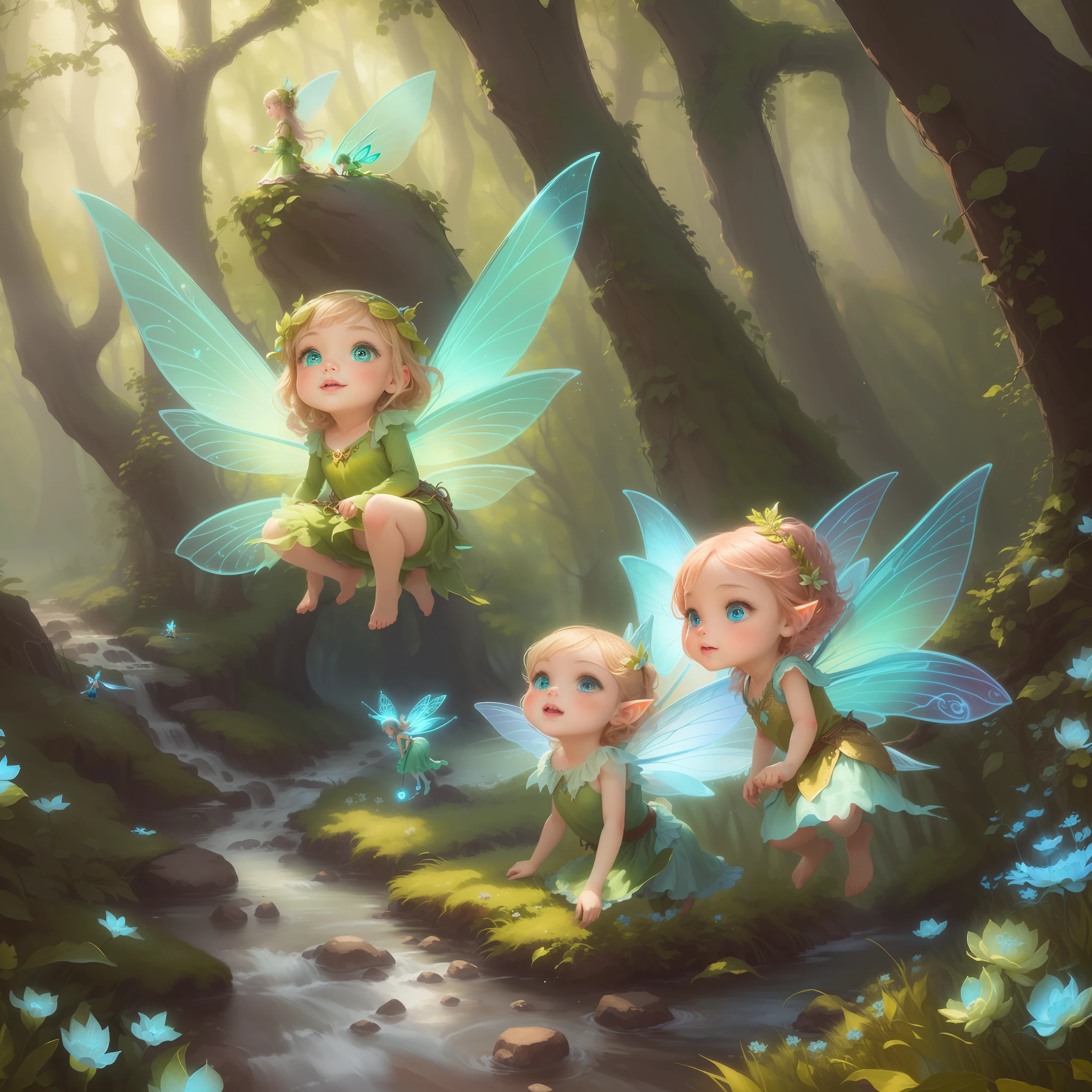 Three beautiful fairies floating in a magical stream are flying gracefully. The forest fairies are having a good time in the forest of the fairy kingdom with their fairy friends. They have their backs to the magic fairy background and seem to come out of a fantasy story. Adorable digital drawings bring the delicate fairies to life.