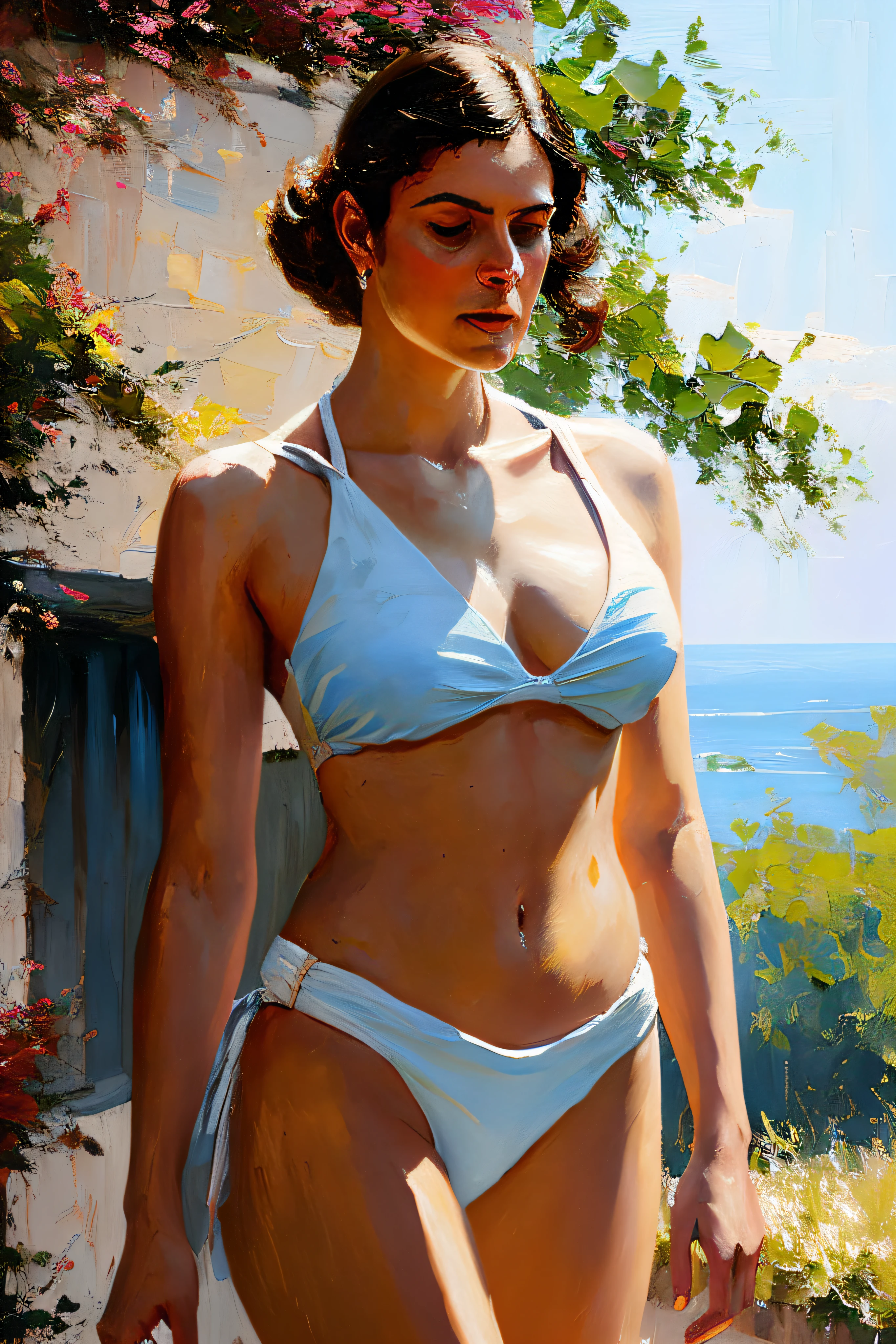 modelshoot style, (extremely detailed CG unity 8k wallpaper), full shot body photo of the most beautiful artwork in the world, stunningly beautiful photo realistic cute young lady in tiny bikini, big , professional majestic oil painting by Ed Blinkey, Atey Ghailan, Studio Ghibli, by Jeremy Mann, Greg Manchess, Antonio Moro, trending on ArtStation, trending on CGSociety, Intricate, High Detail, Sharp focus, dramatic, photorealistic painting art by midjourney and greg rutkowski