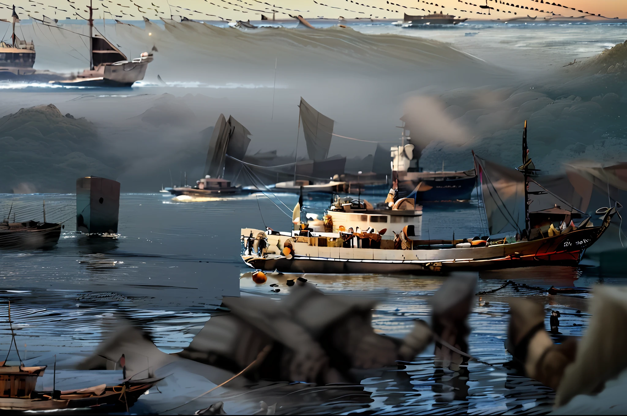 there are two boats that are in the water near each other, queen of the sea mu yanling, the photo shows a large, fishing boat, fishing boat, big graphic seiner ship, 3 boat in river, ships in the harbor, viewed in profile from far away, nets and boats, high quality  photo, some boats, photo shooting