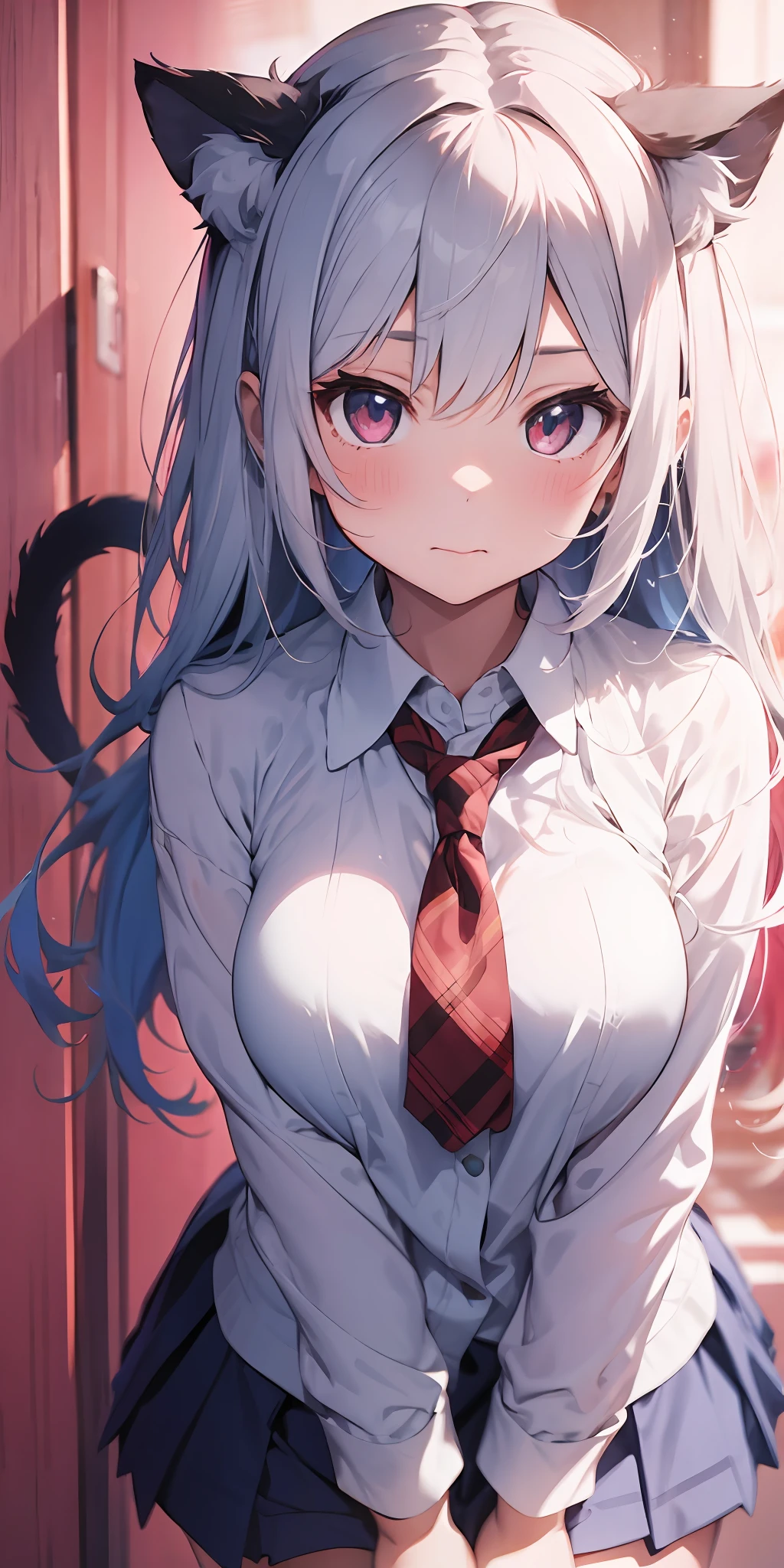 Anime girl with white hair and cat ears, ruby eyes, shy blush, school uniform, high contrast, soft light, master piece, extraordinary nice