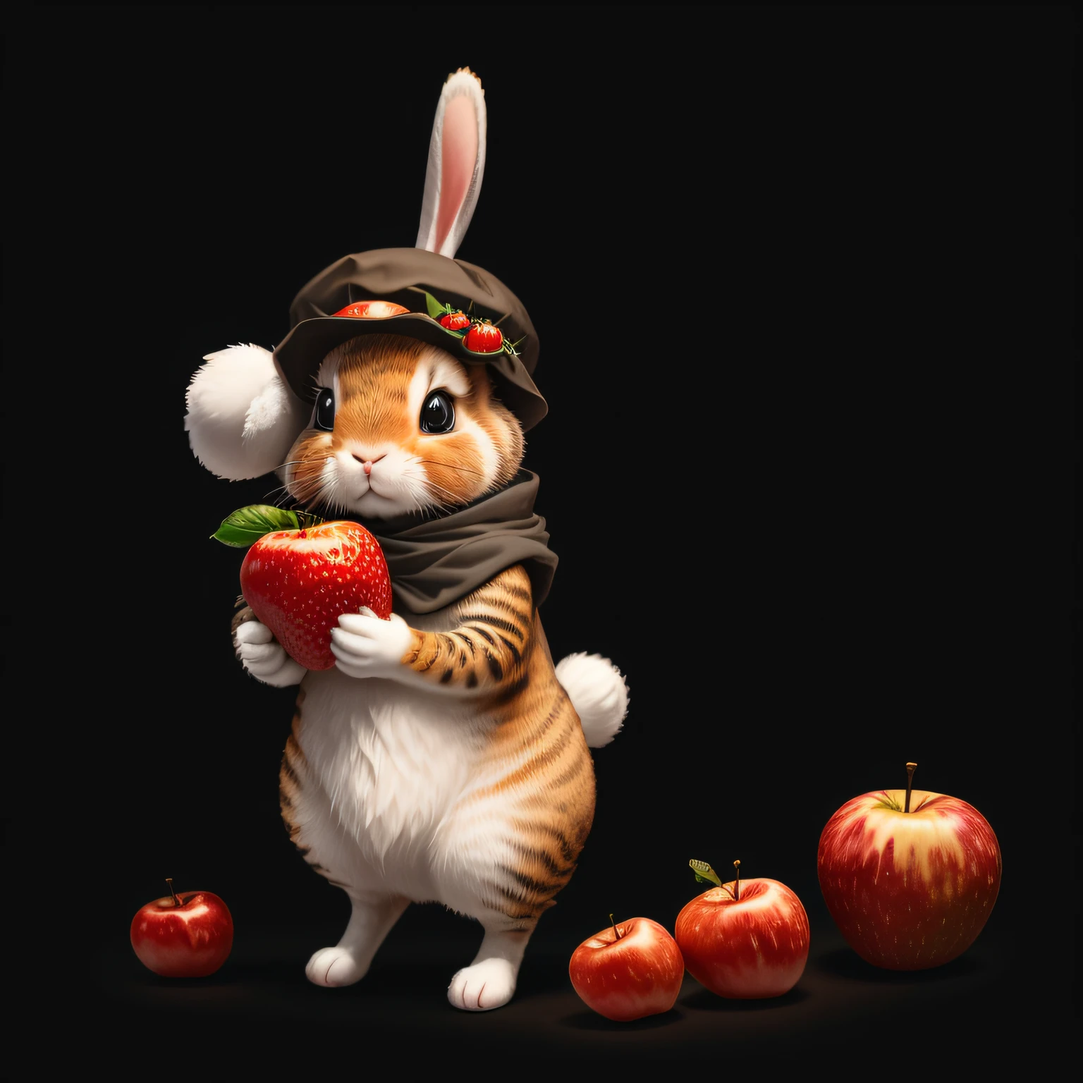 : 3. bunny, realistic, furry animal, apple, black eye, blush, cherry, food, fruit, full body, hat, non-human, strawberry, tomato, watermelon --auto